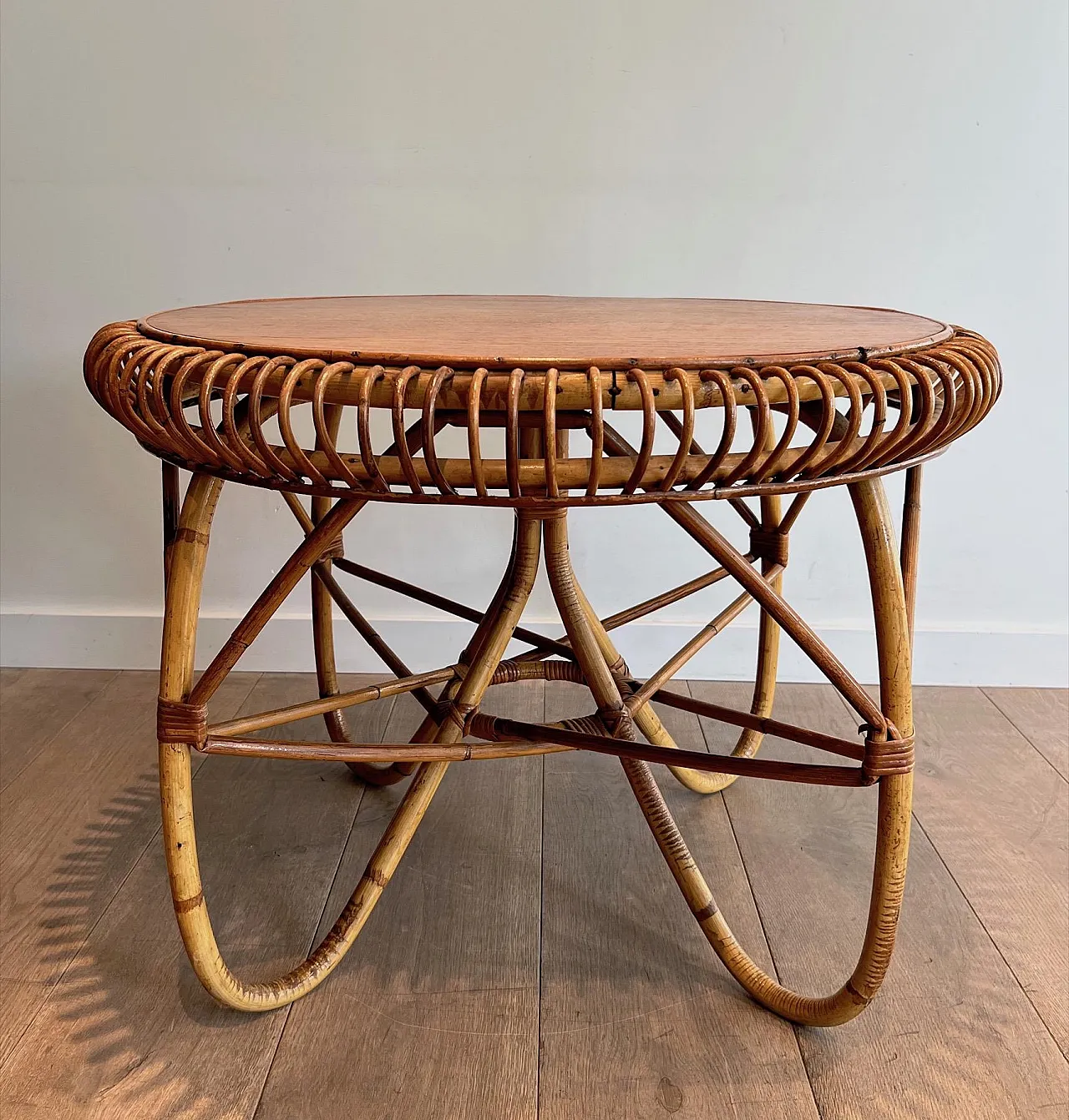 Round rattan and wood coffee table, 1950s 3