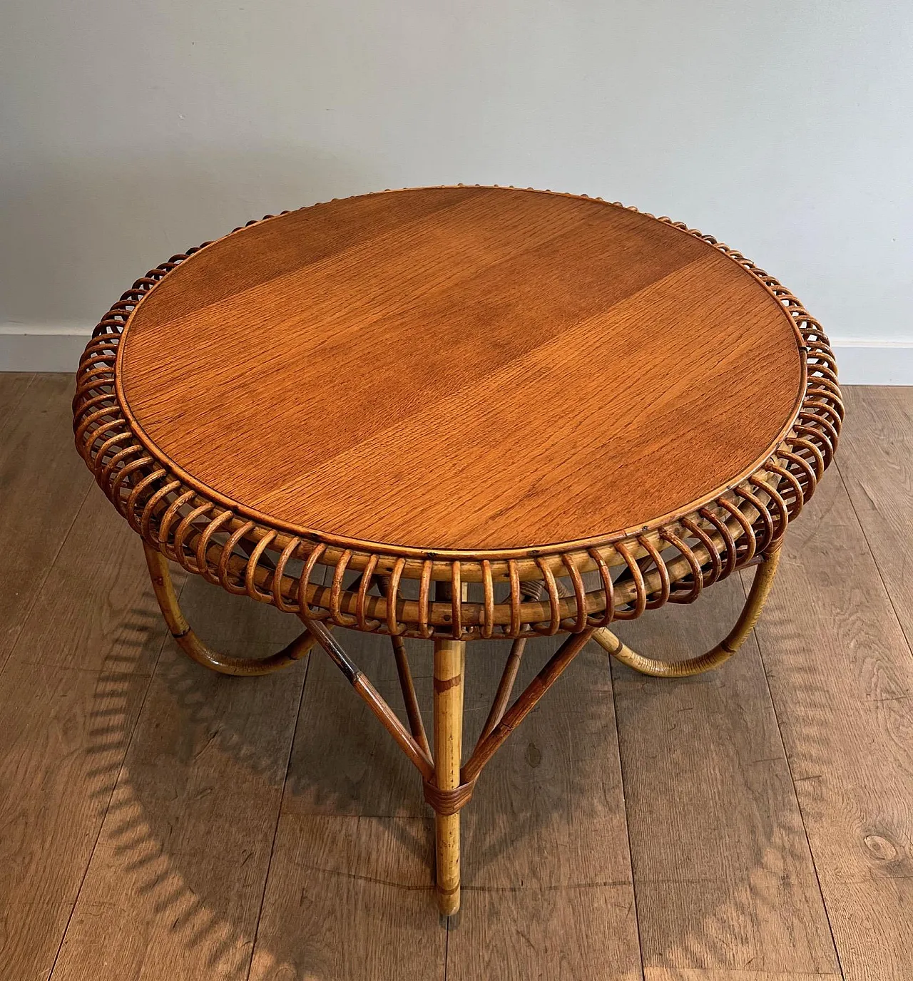 Round rattan and wood coffee table, 1950s 4