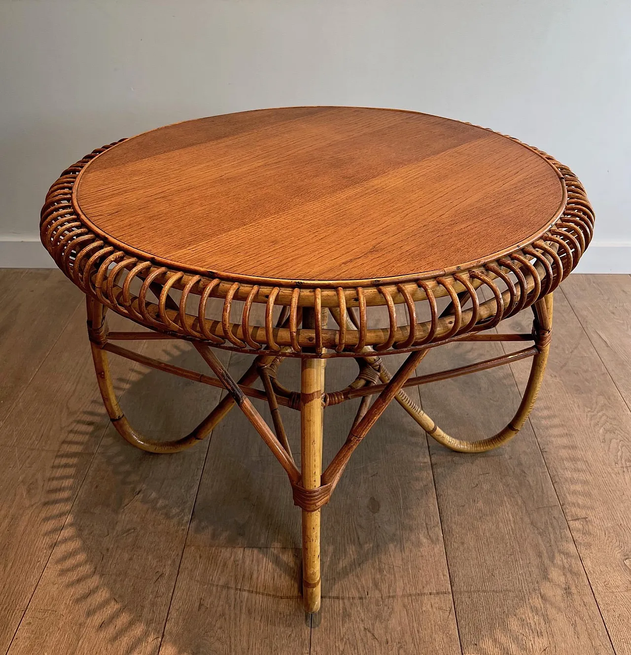 Round rattan and wood coffee table, 1950s 5