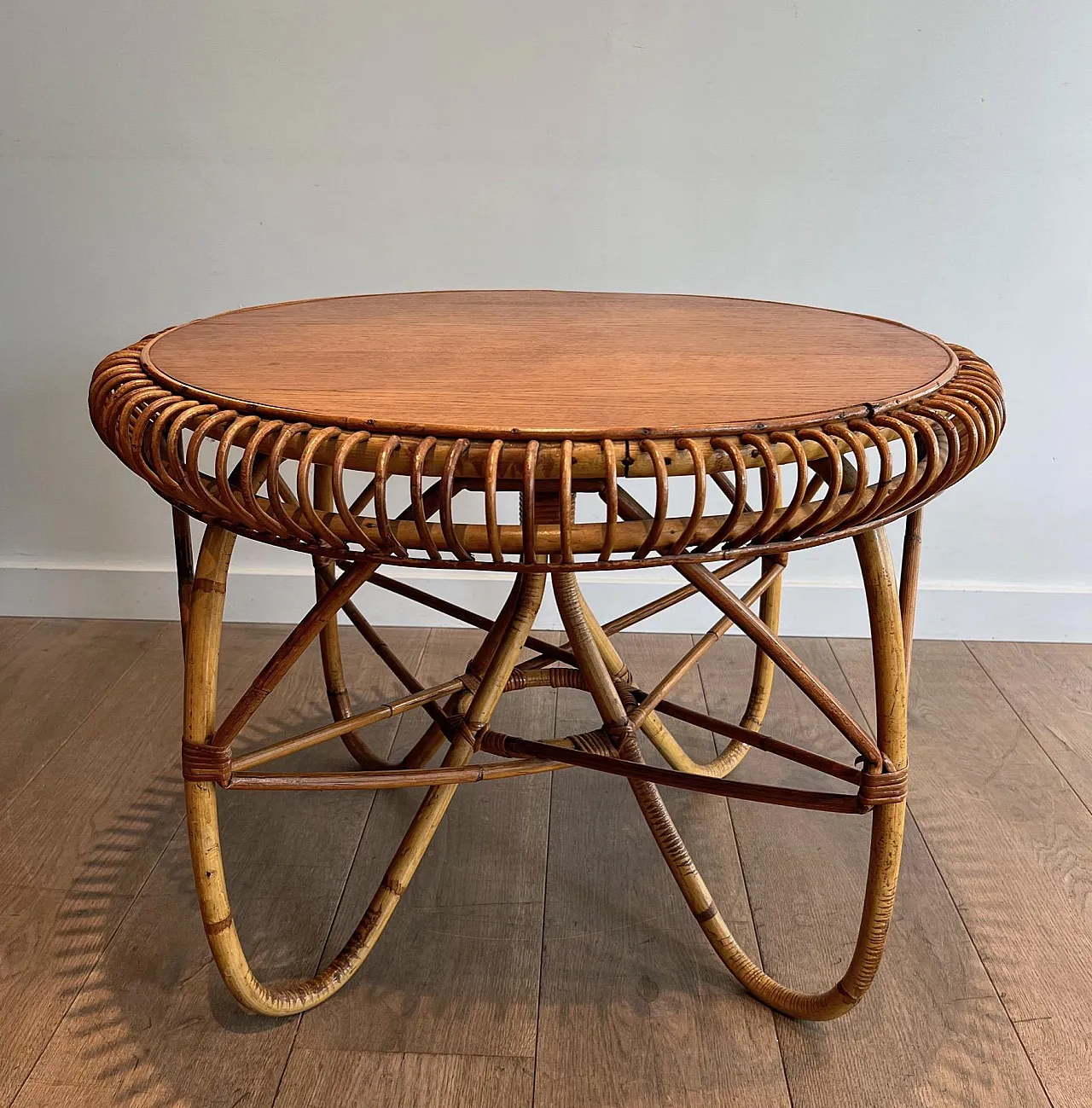 Round rattan and wood coffee table, 1950s 6