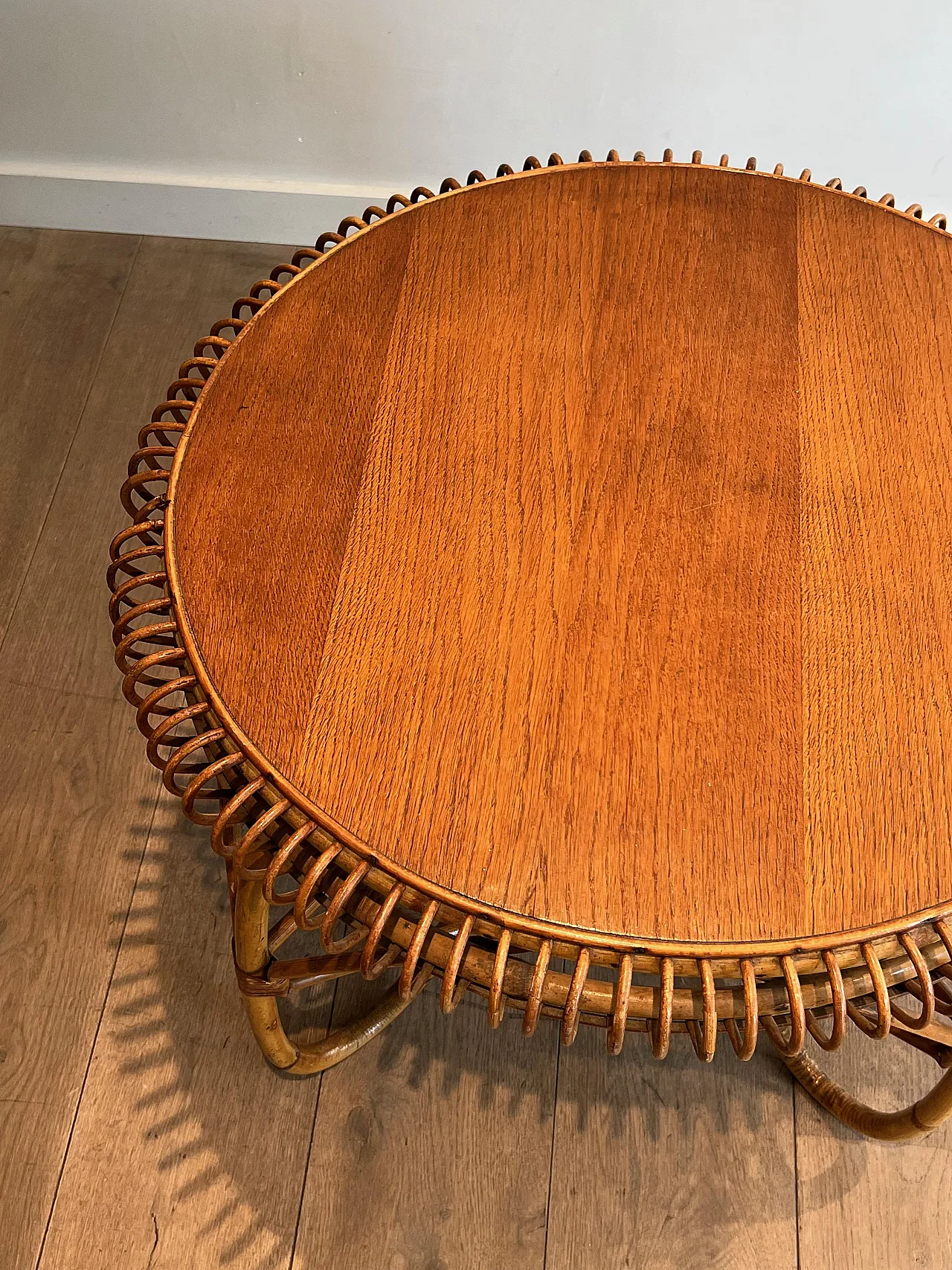 Round rattan and wood coffee table, 1950s 7