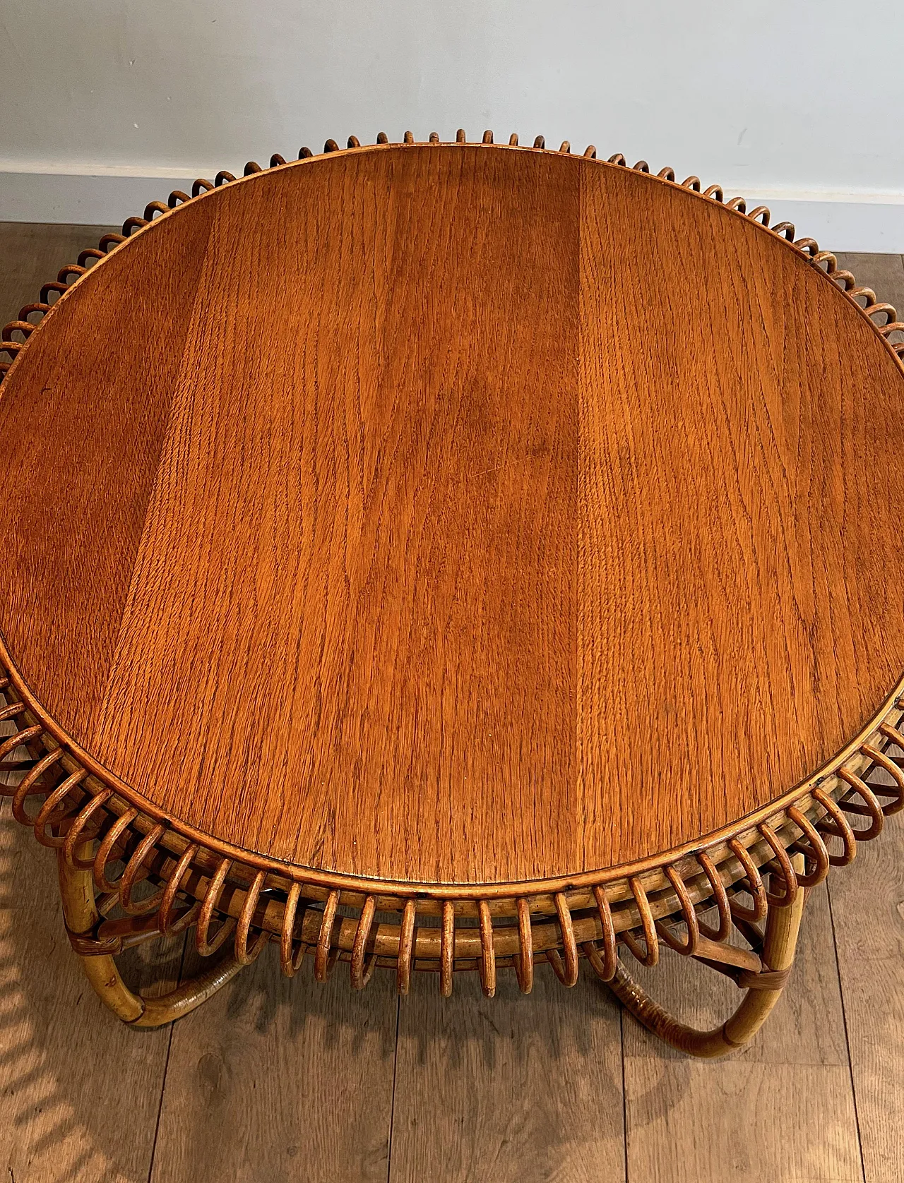 Round rattan and wood coffee table, 1950s 8