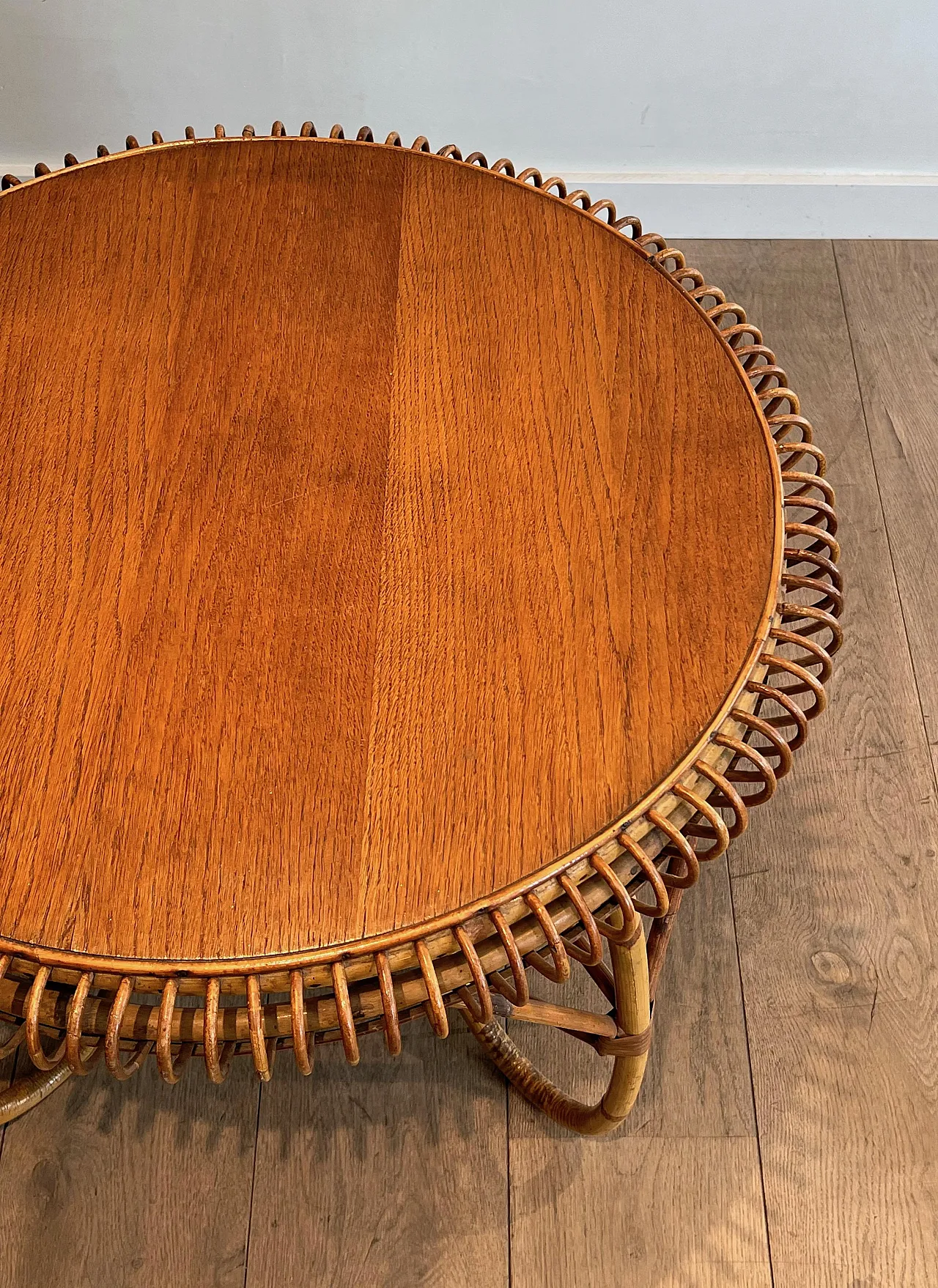 Round rattan and wood coffee table, 1950s 9