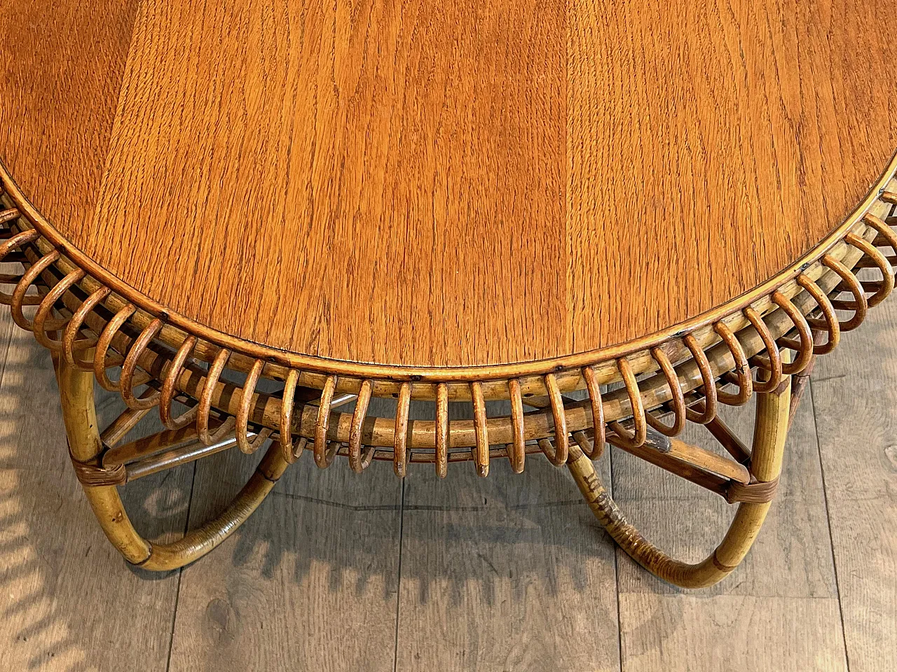 Round rattan and wood coffee table, 1950s 10