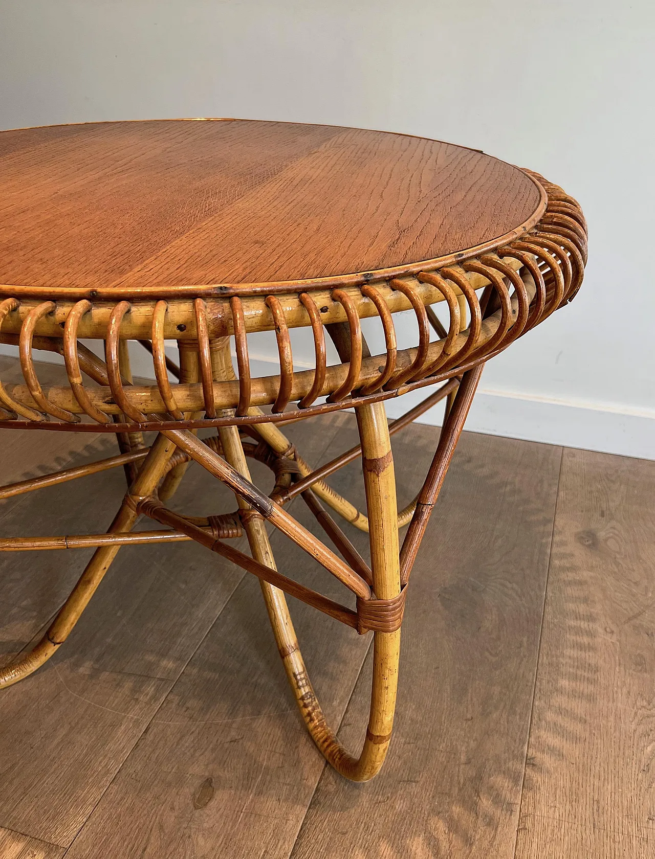 Round rattan and wood coffee table, 1950s 11