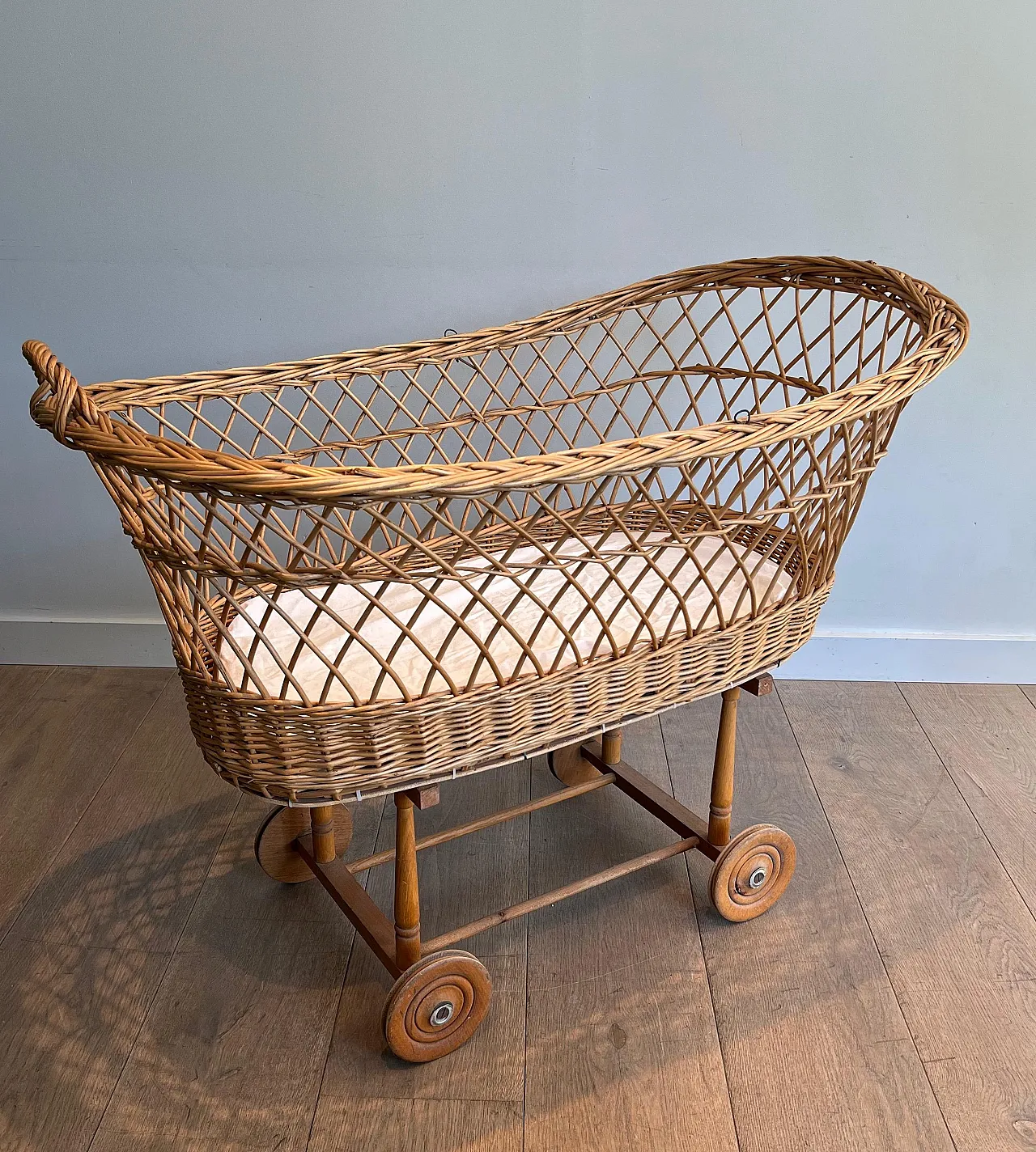 Rattan cradle on castors, 1950s 12