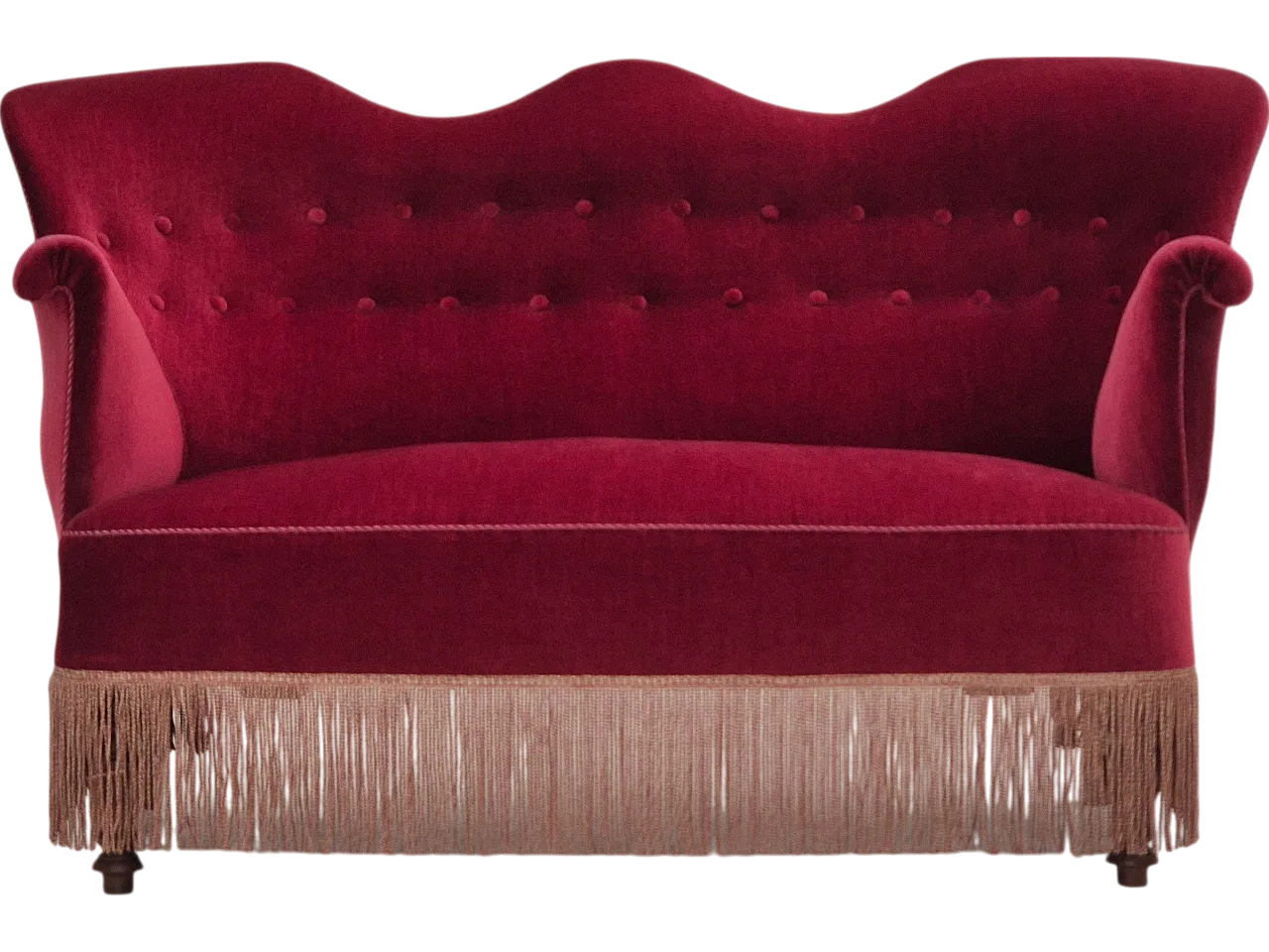 Danish 2-seater sofa, cherry-red furniture velour, ash wood, 50s 22