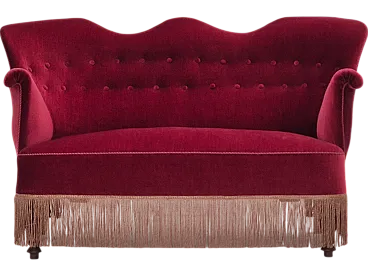 Danish 2-seater sofa, cherry-red furniture velour, ash wood, 50s