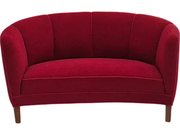 Danish 2-seater curved sofa, original red furniture fabric, 60s