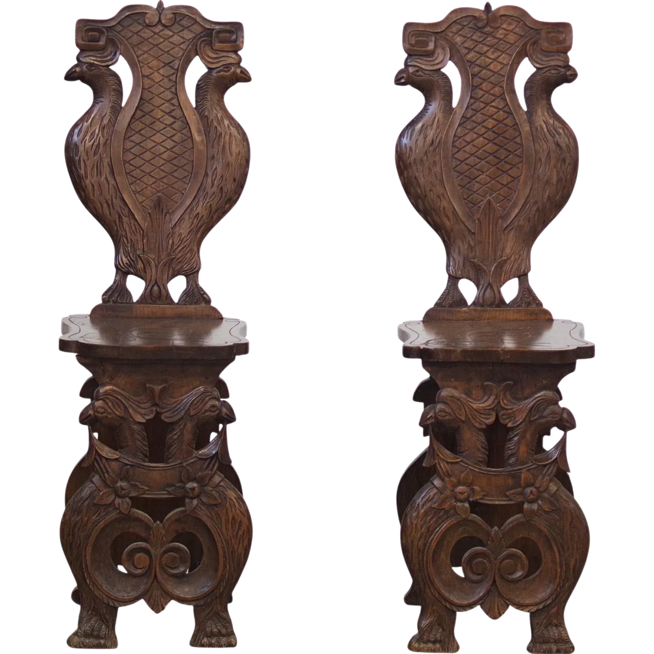 Pair of eclectic hand-carved wooden chairs, 19th Century 11