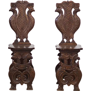 Pair of eclectic hand-carved wooden chairs, 19th Century