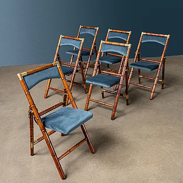 Faux bamboo follding chairs in wood brass and fabric, 1950s-1960s