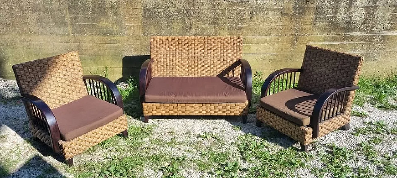 Divano e 2 poltrone Art Dèco in rattan, anni '30 2