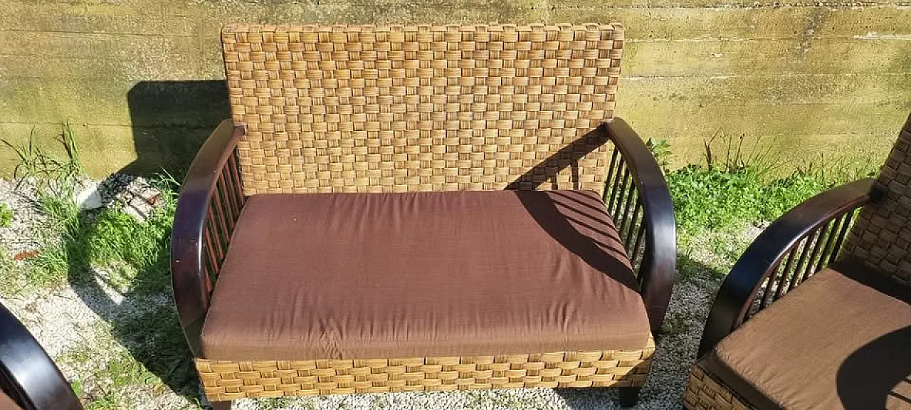 Sofa and 2 Armchairs Art Dèco in rattan, 40s 4