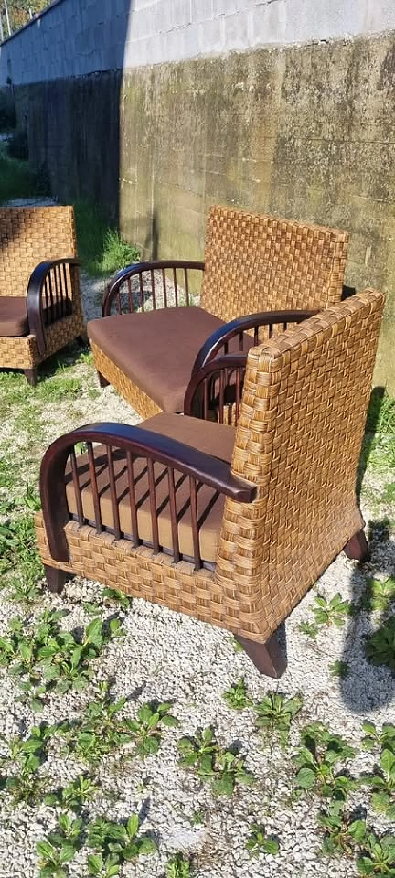 Sofa and 2 Armchairs Art Dèco in rattan, 40s 6