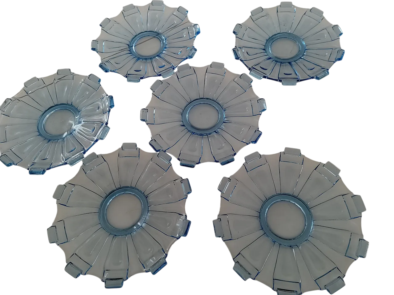 6 Decò Czec blue glass dessert plates, 1970s 4