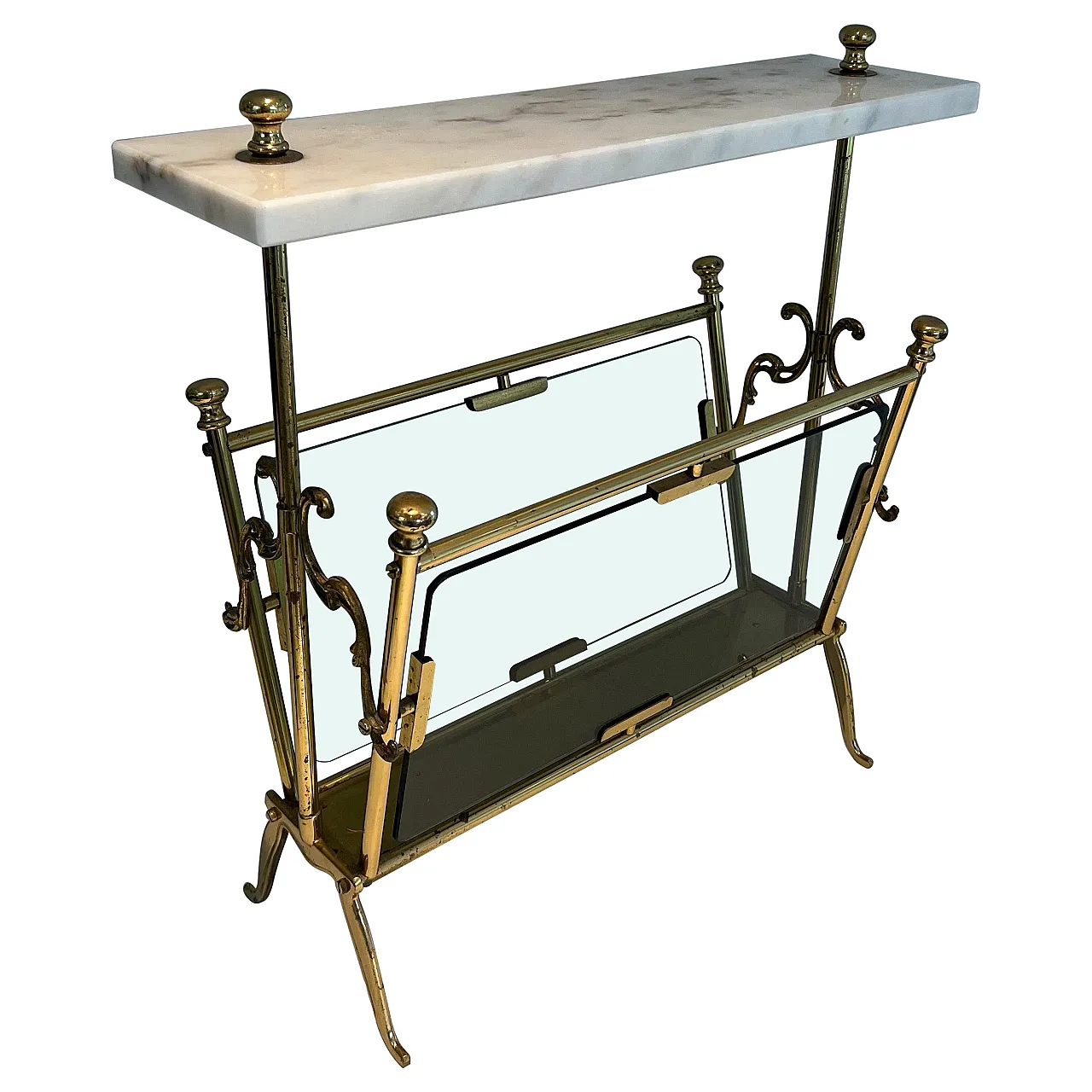 Brass magazine rack with bluish glass and marble top, 1940s 1