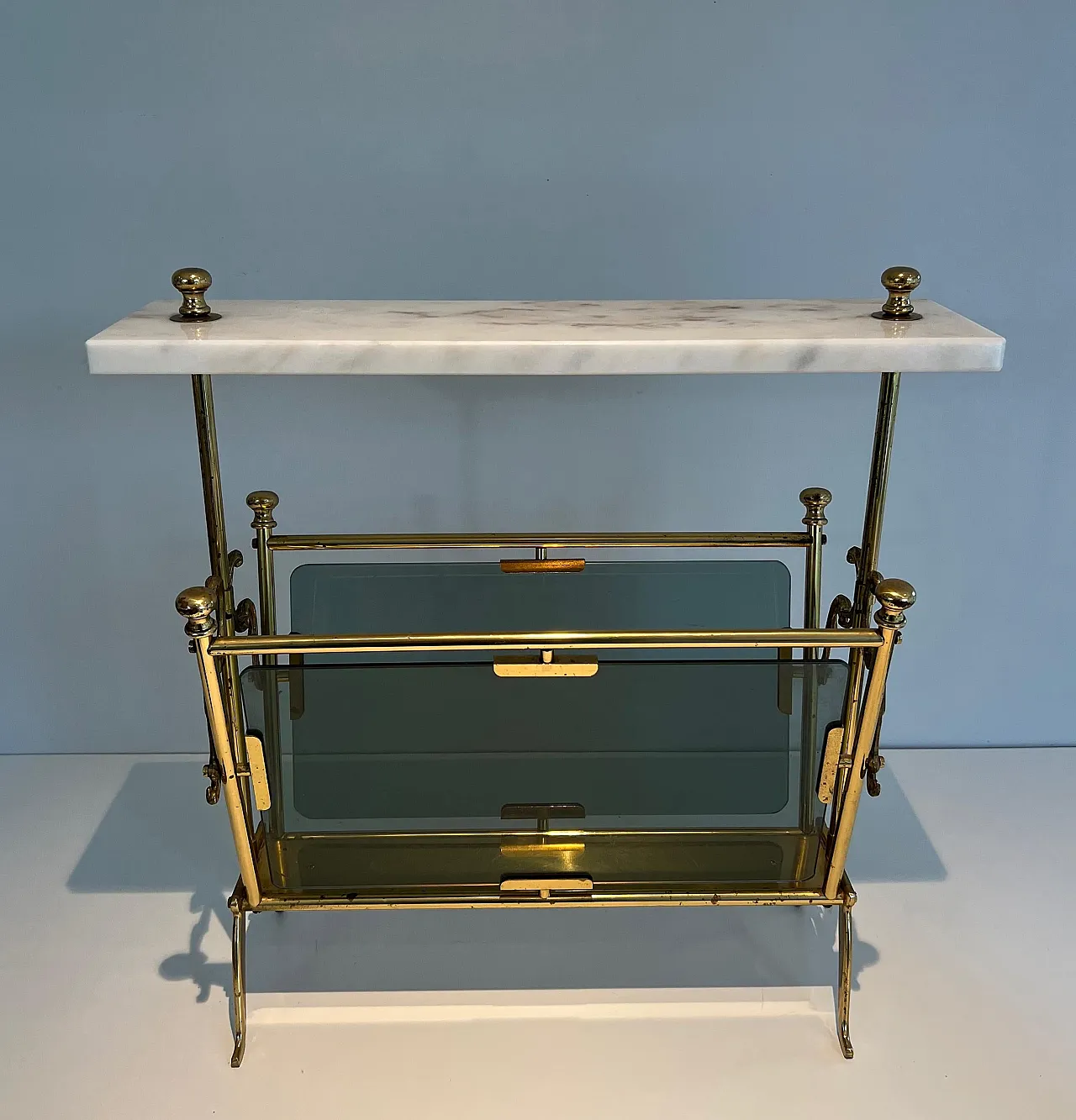 Brass magazine rack with bluish glass and marble top, 1940s 3