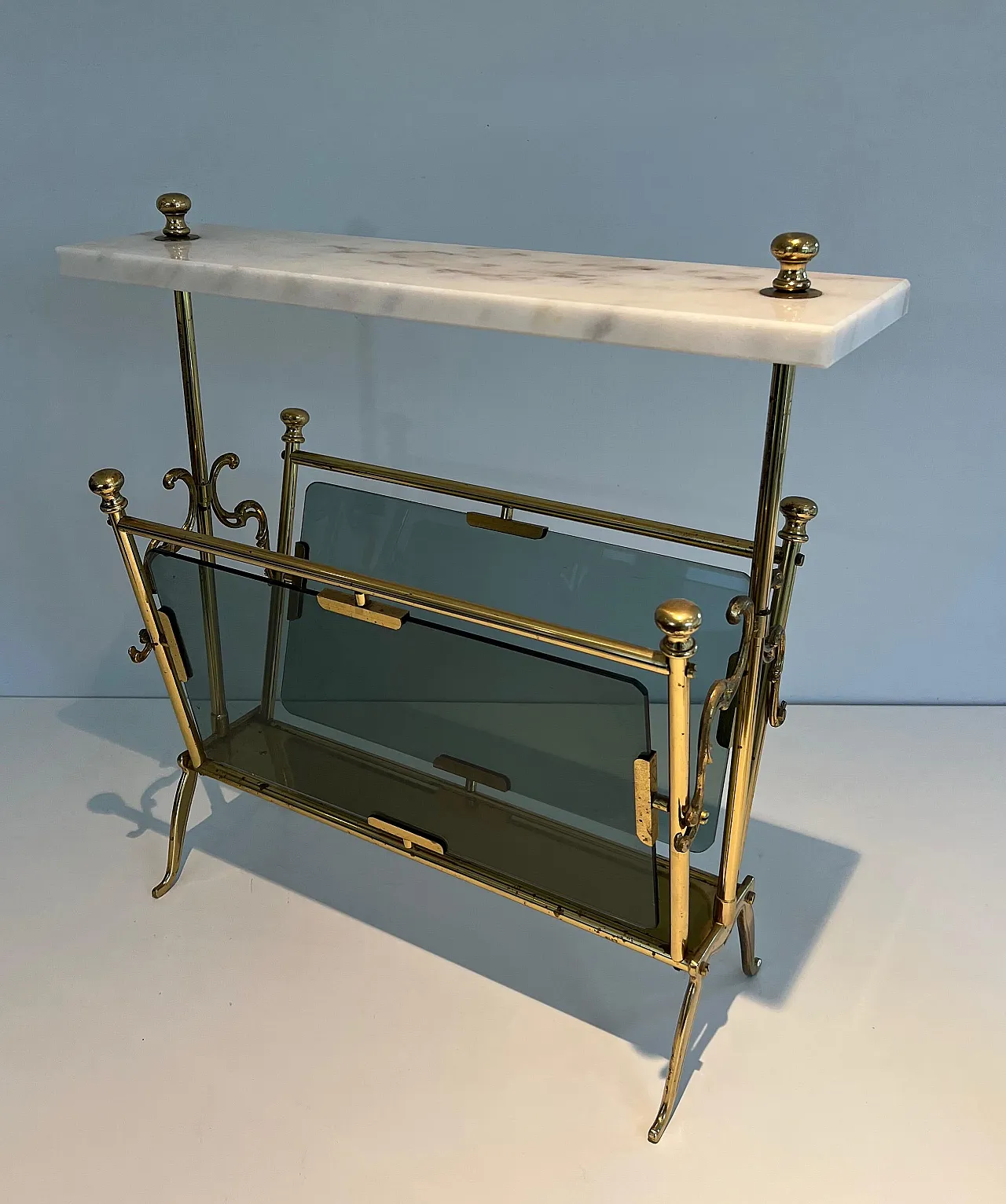 Brass magazine rack with bluish glass and marble top, 1940s 6