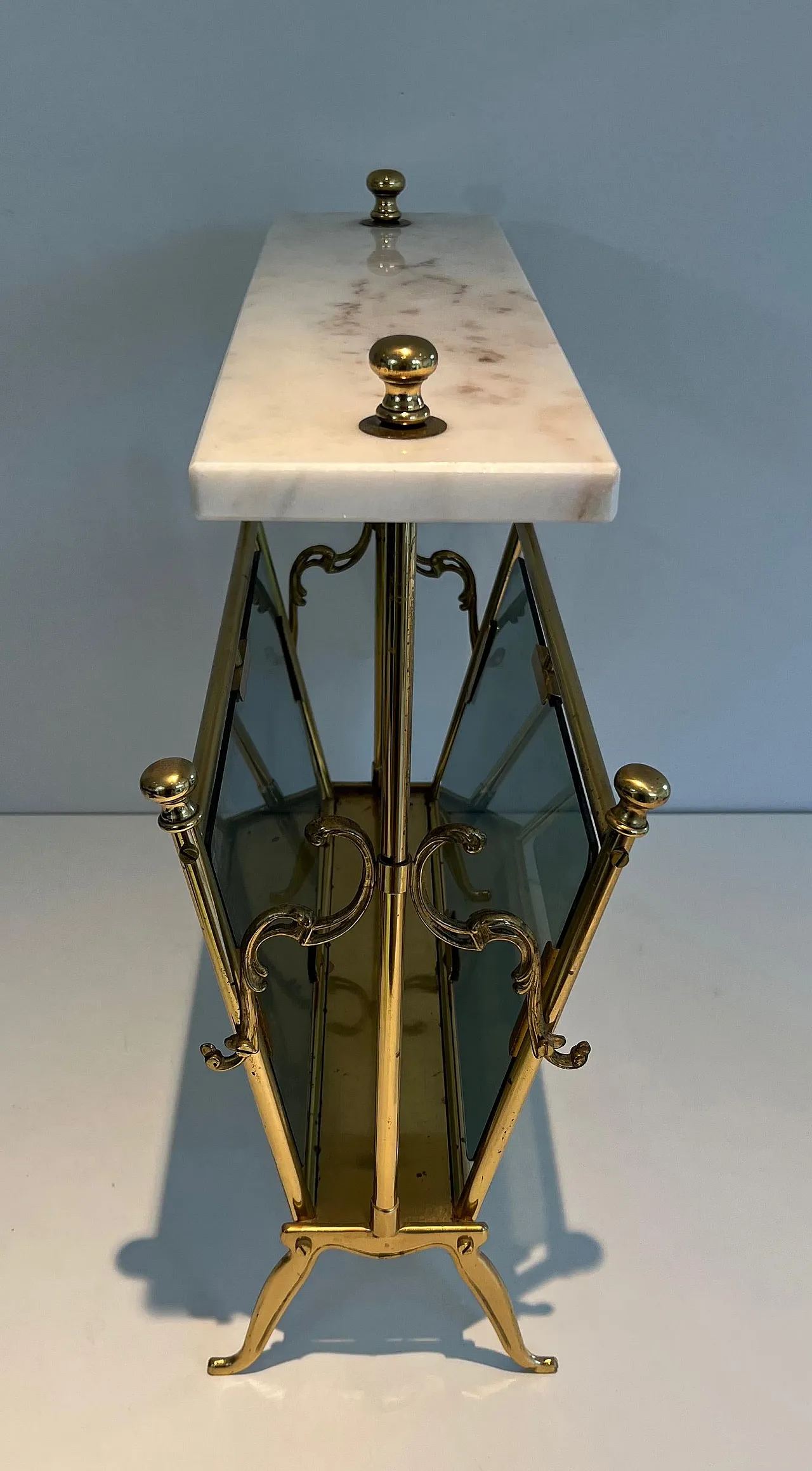 Brass magazine rack with bluish glass and marble top, 1940s 7