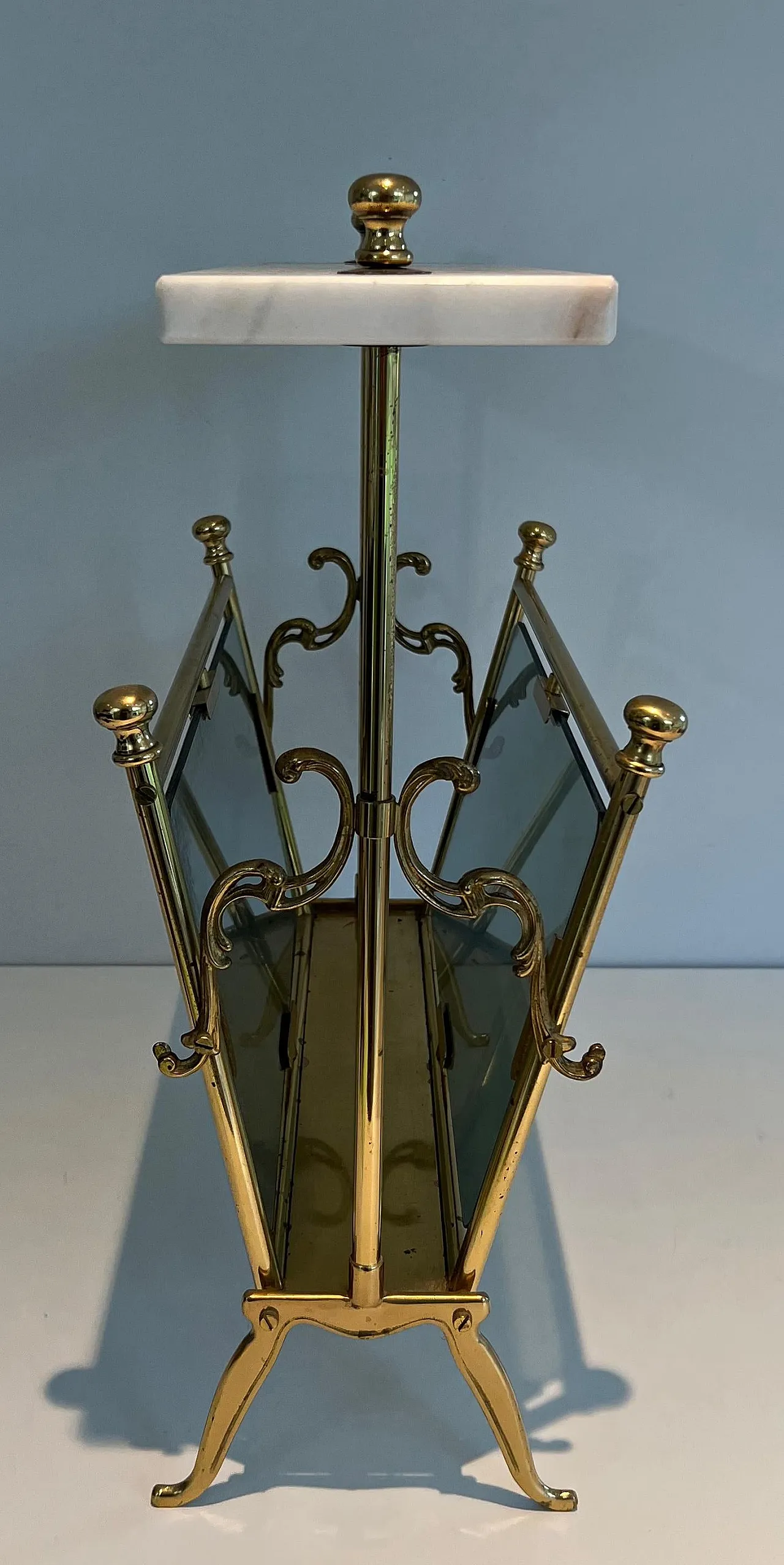 Brass magazine rack with bluish glass and marble top, 1940s 8