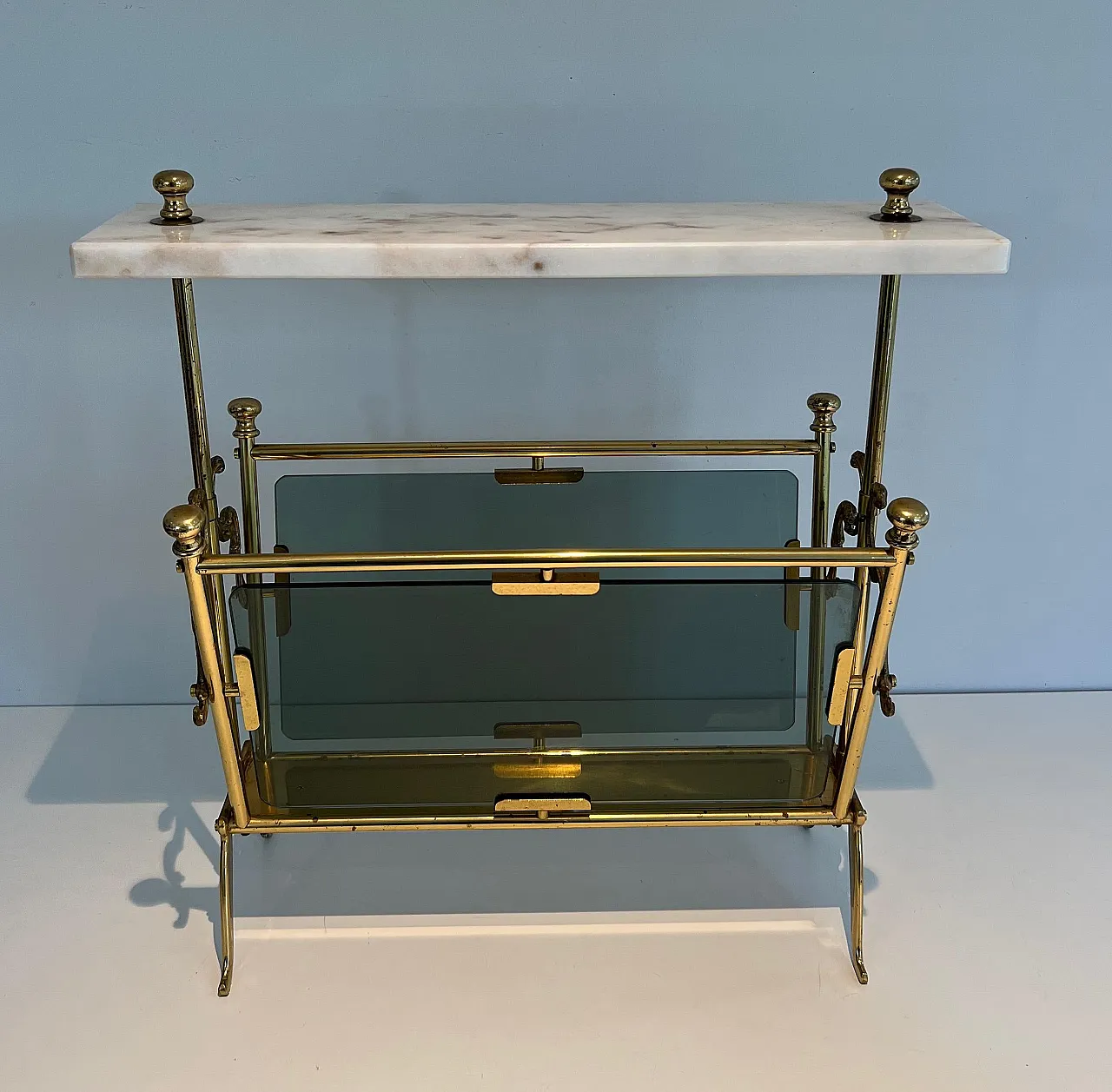 Brass magazine rack with bluish glass and marble top, 1940s 14