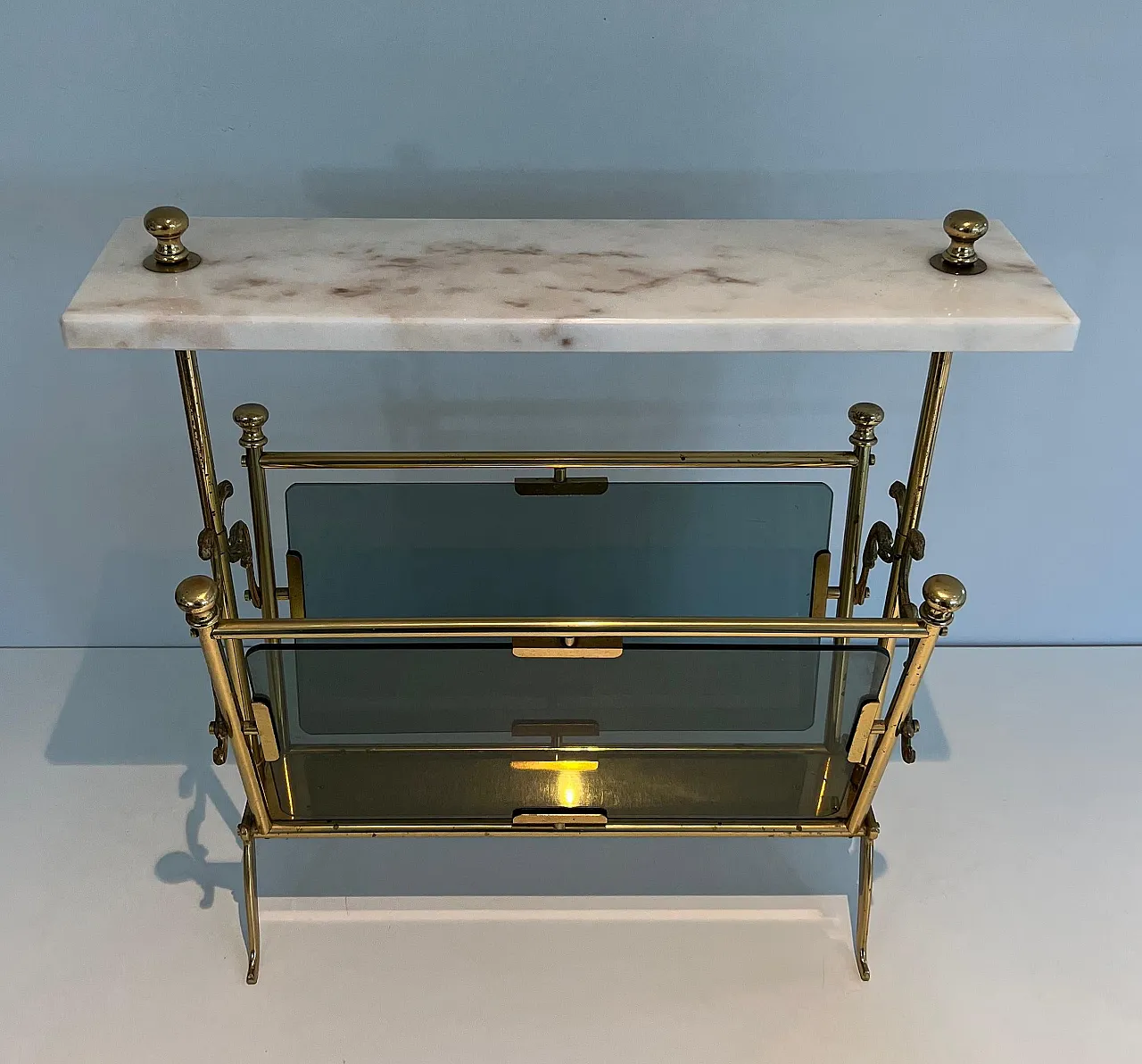 Brass magazine rack with bluish glass and marble top, 1940s 16