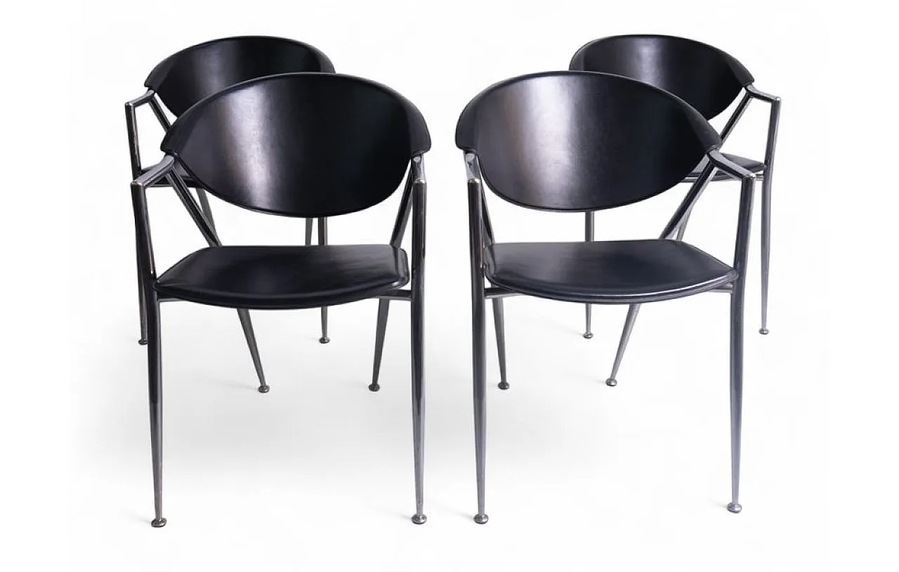 4 Chromed metal and leather dining chairs by Calligaris, 1980s 1