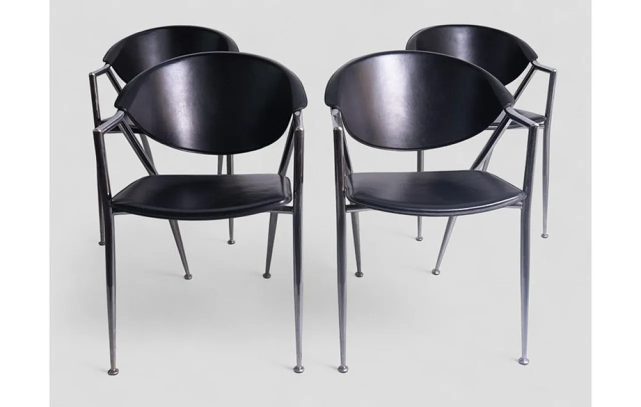 4 Chromed metal and leather dining chairs by Calligaris, 1980s 2