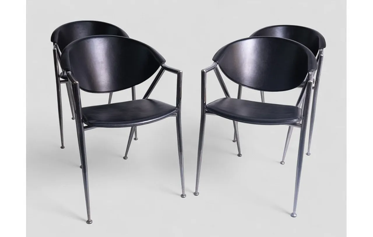 4 Chromed metal and leather dining chairs by Calligaris, 1980s 3