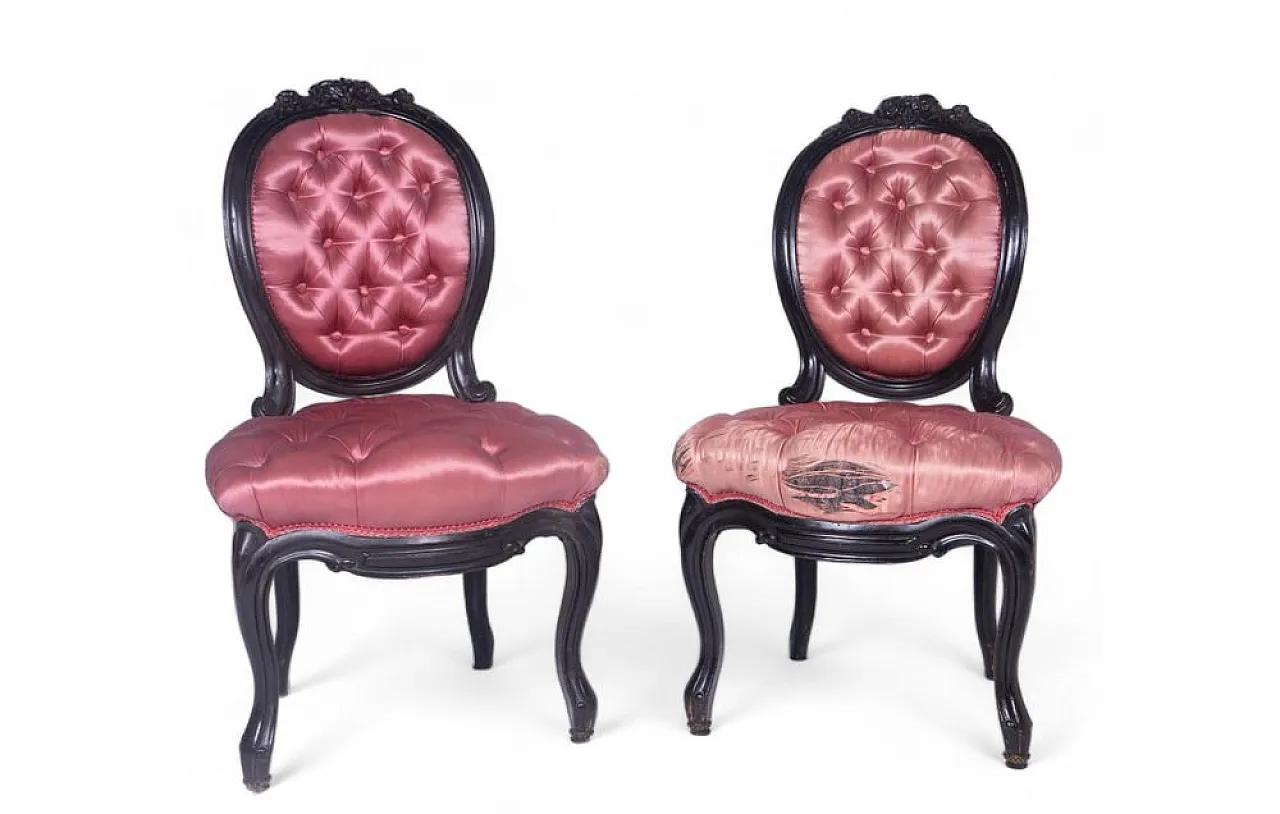 Pair of baroque armchairs in wood and capitonné silk, 1950s 1