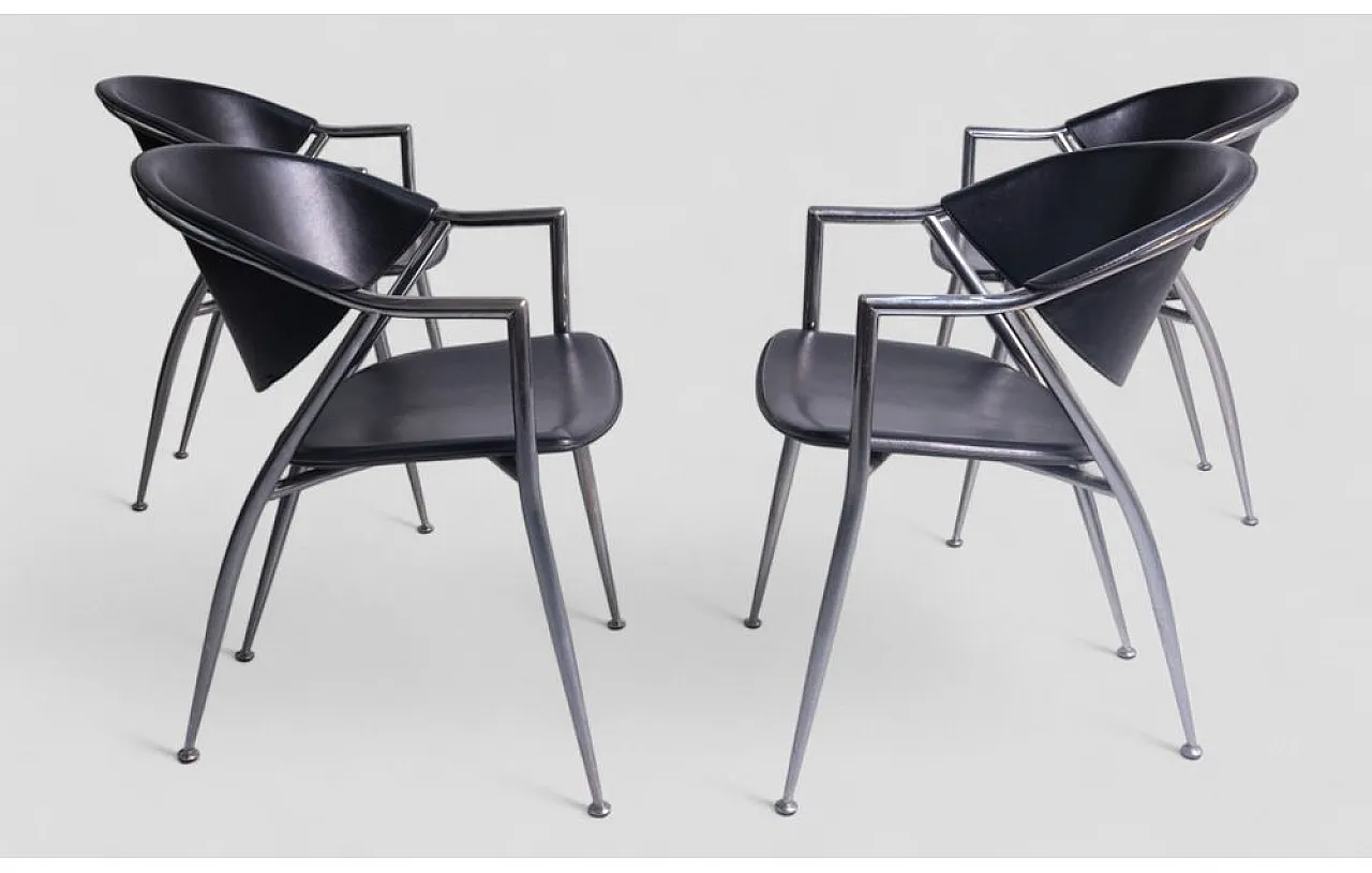 4 Chromed metal and leather dining chairs by Calligaris, 1980s 4