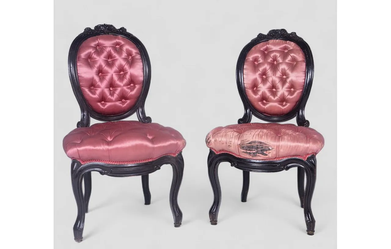 Pair of baroque armchairs in wood and capitonné silk, 1950s 2