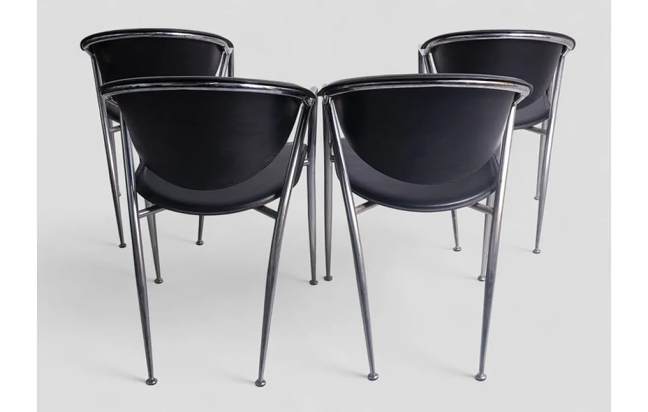 4 Chromed metal and leather dining chairs by Calligaris, 1980s 5