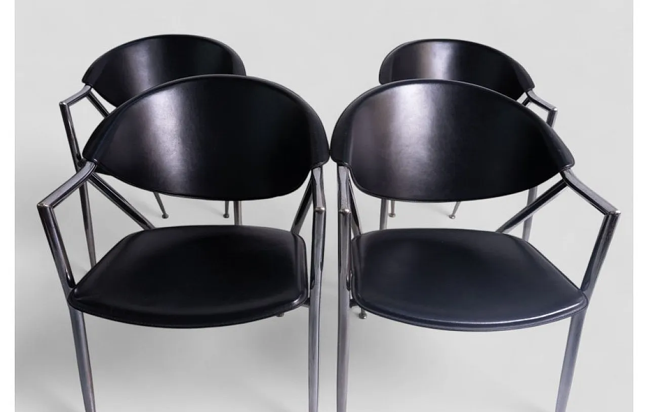 4 Chromed metal and leather dining chairs by Calligaris, 1980s 6