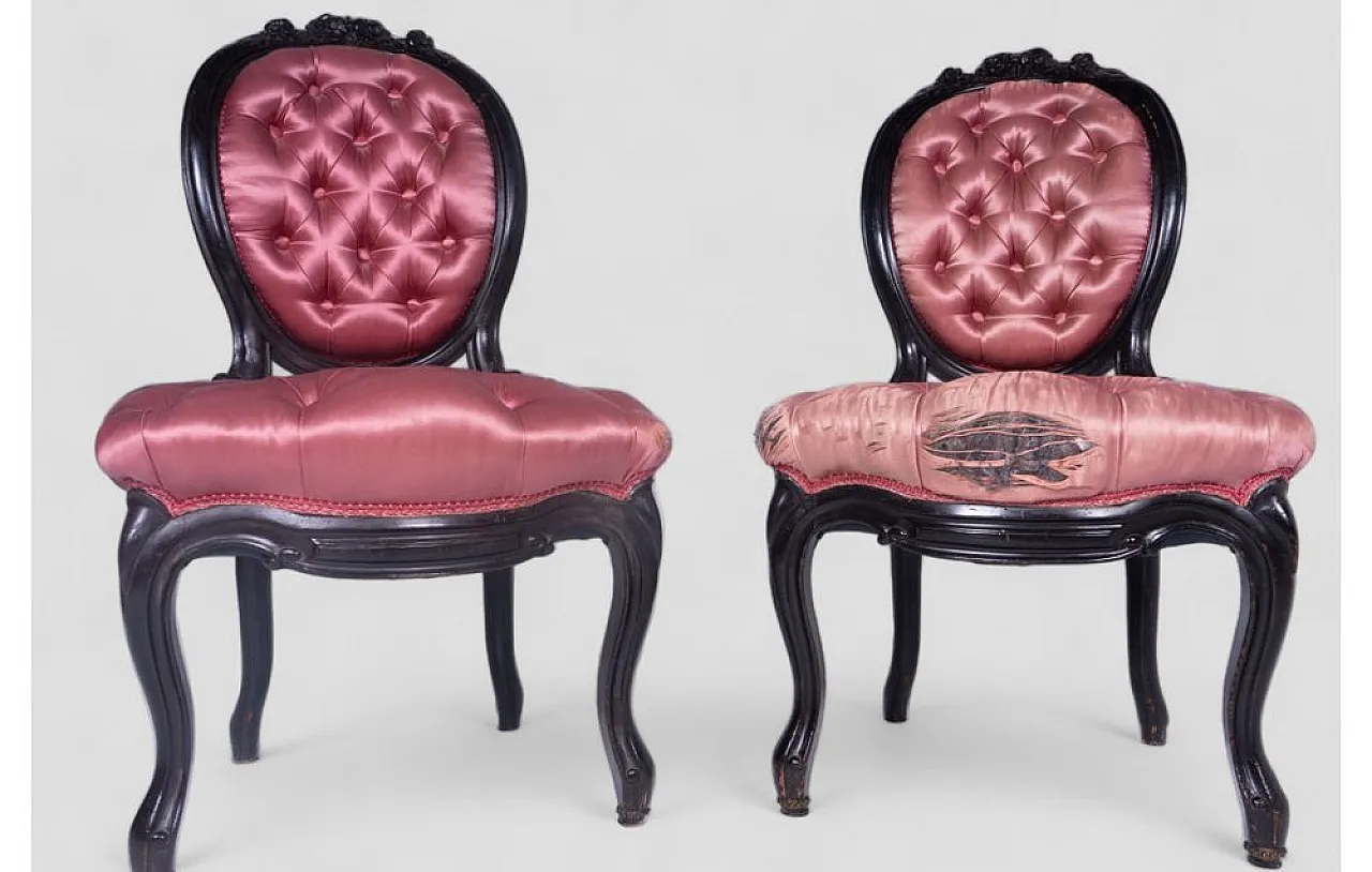 Pair of baroque armchairs in wood and capitonné silk, 1950s 3