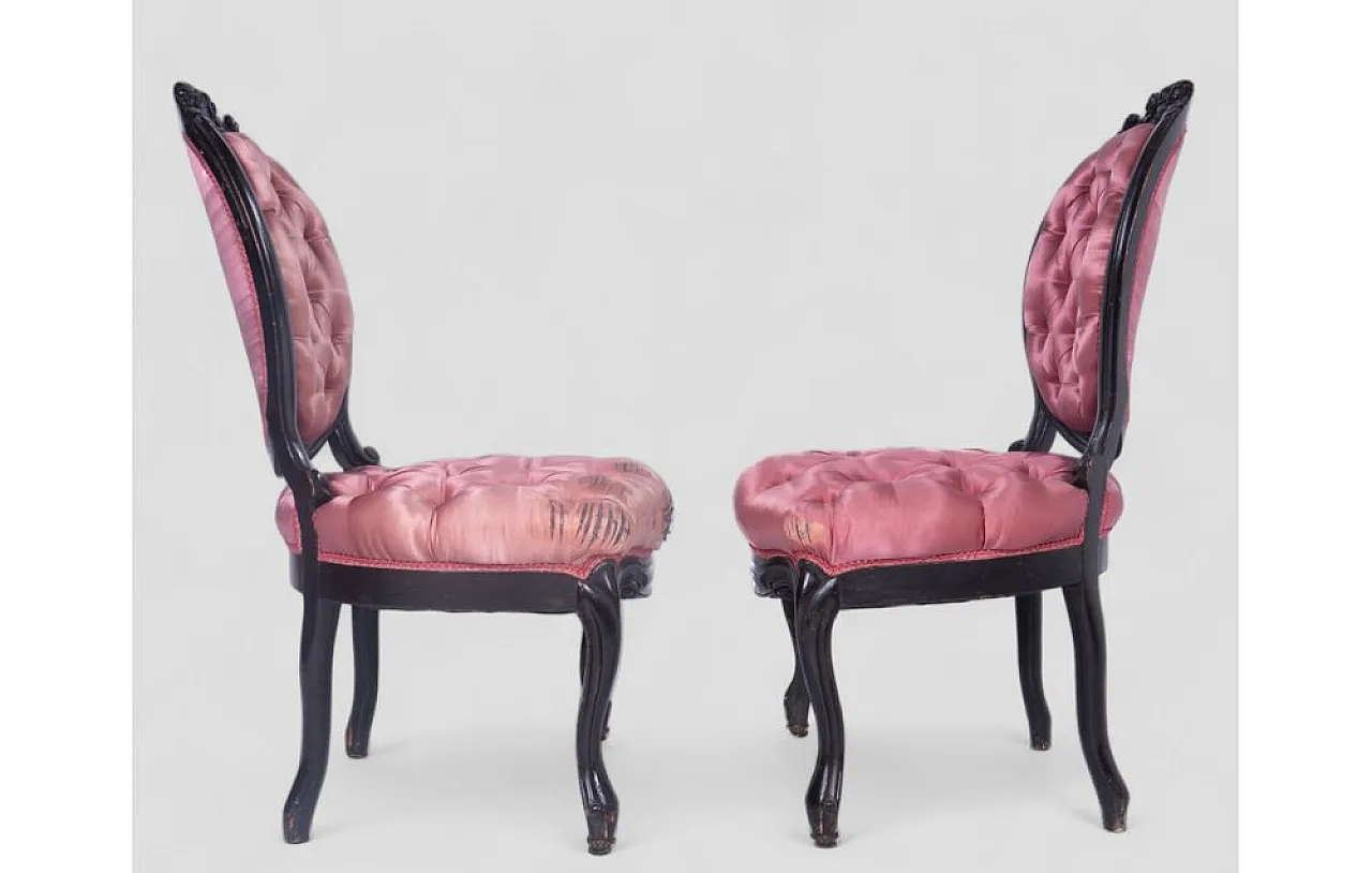 Pair of baroque armchairs in wood and capitonné silk, 1950s 4