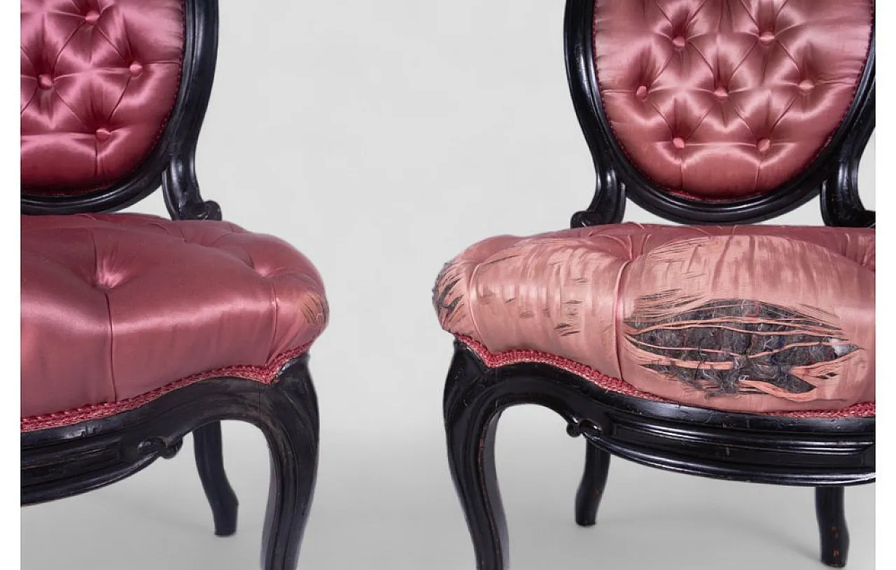 Pair of baroque armchairs in wood and capitonné silk, 1950s 8