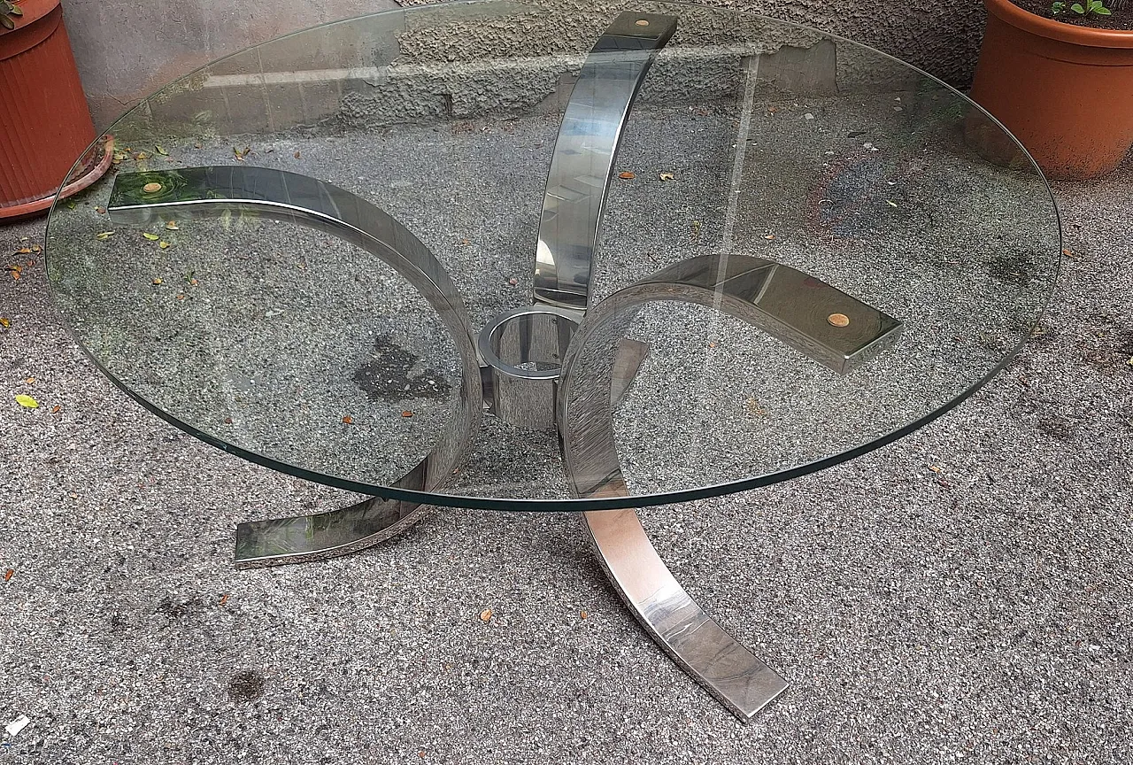 Round Dining Table in Chrome Tubing with Round Glass Top, 1970s 1