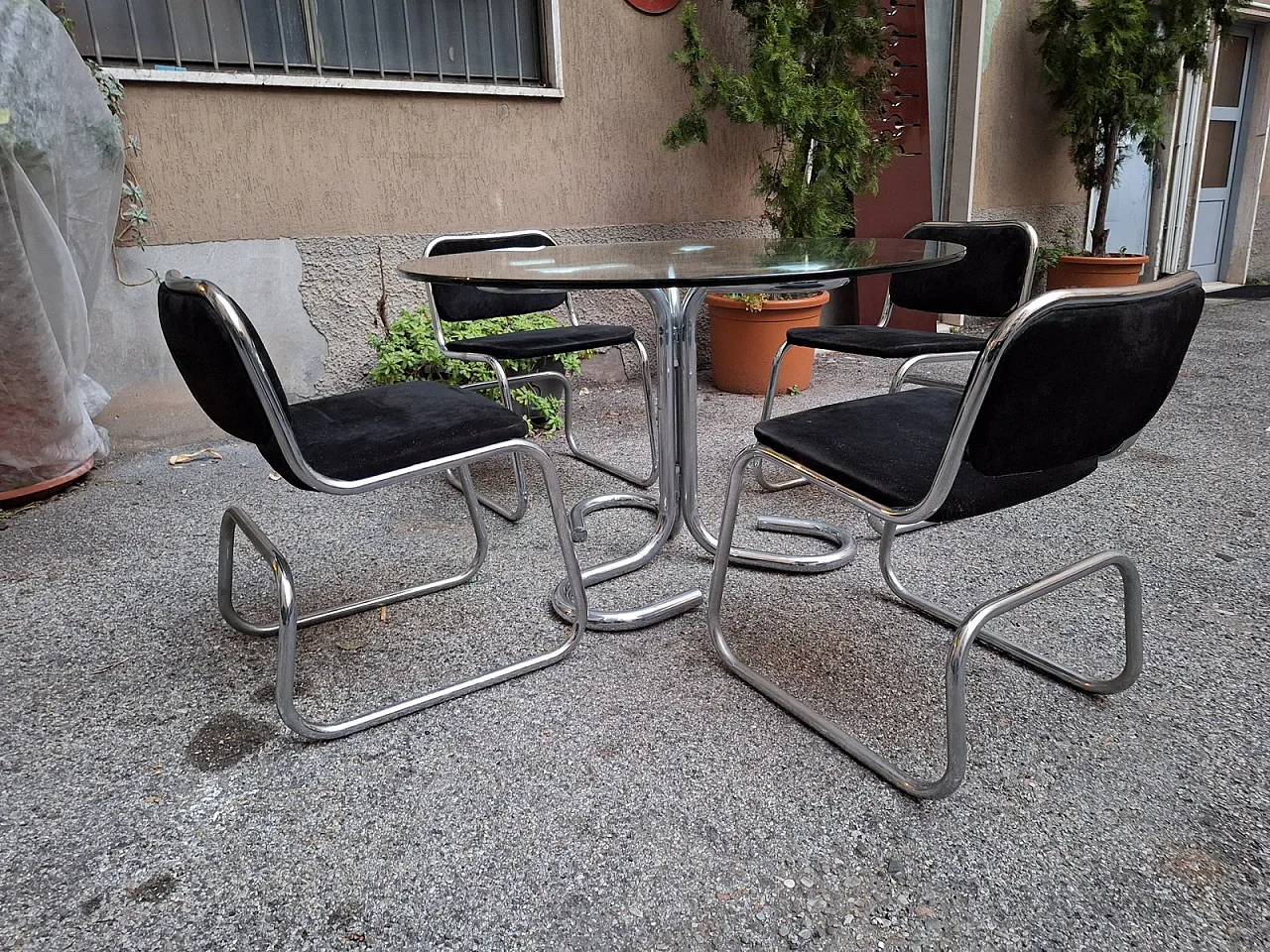 Chairs Cobra Model with Chrome Tubing & Round Glass Top by Giotto Stoppino, 1970s, Set of 4 2