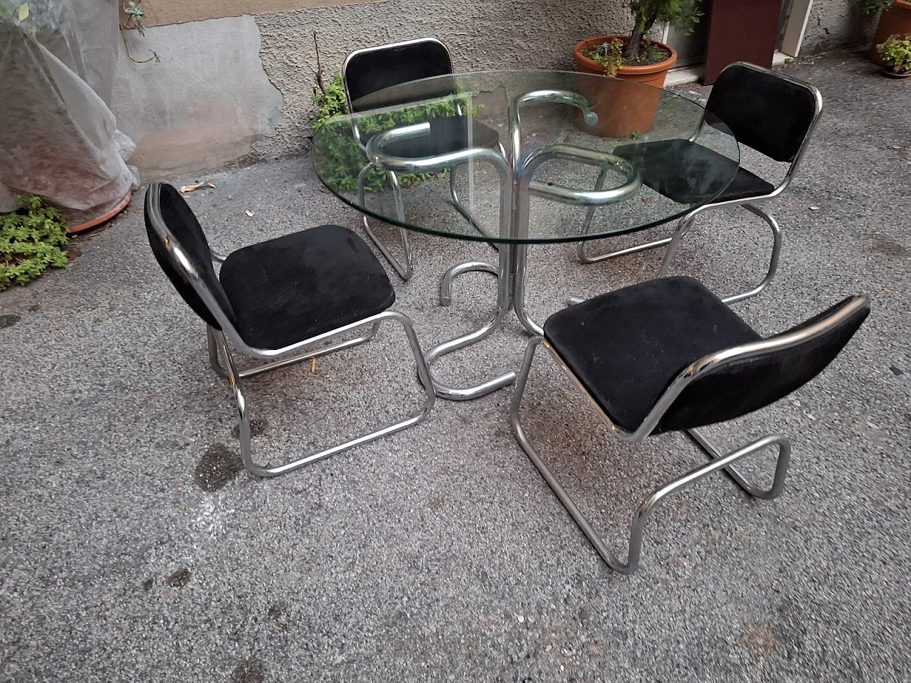 Chairs Cobra Model with Chrome Tubing & Round Glass Top by Giotto Stoppino, 1970s, Set of 4 6