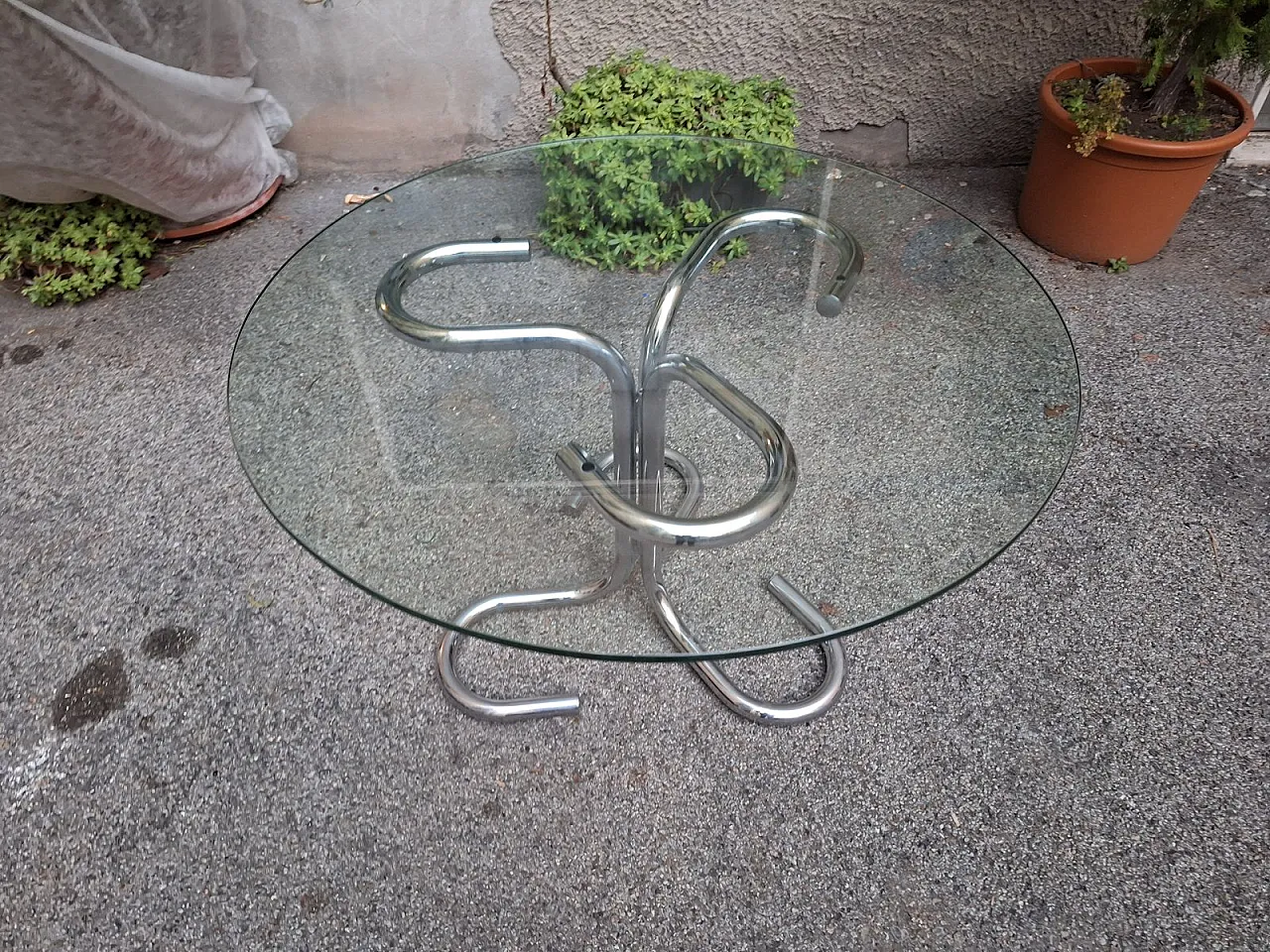 Round Dining Table Cobra Model with Chrome Tubing & Round Glass Top by Giotto Stoppino, 1970s 5