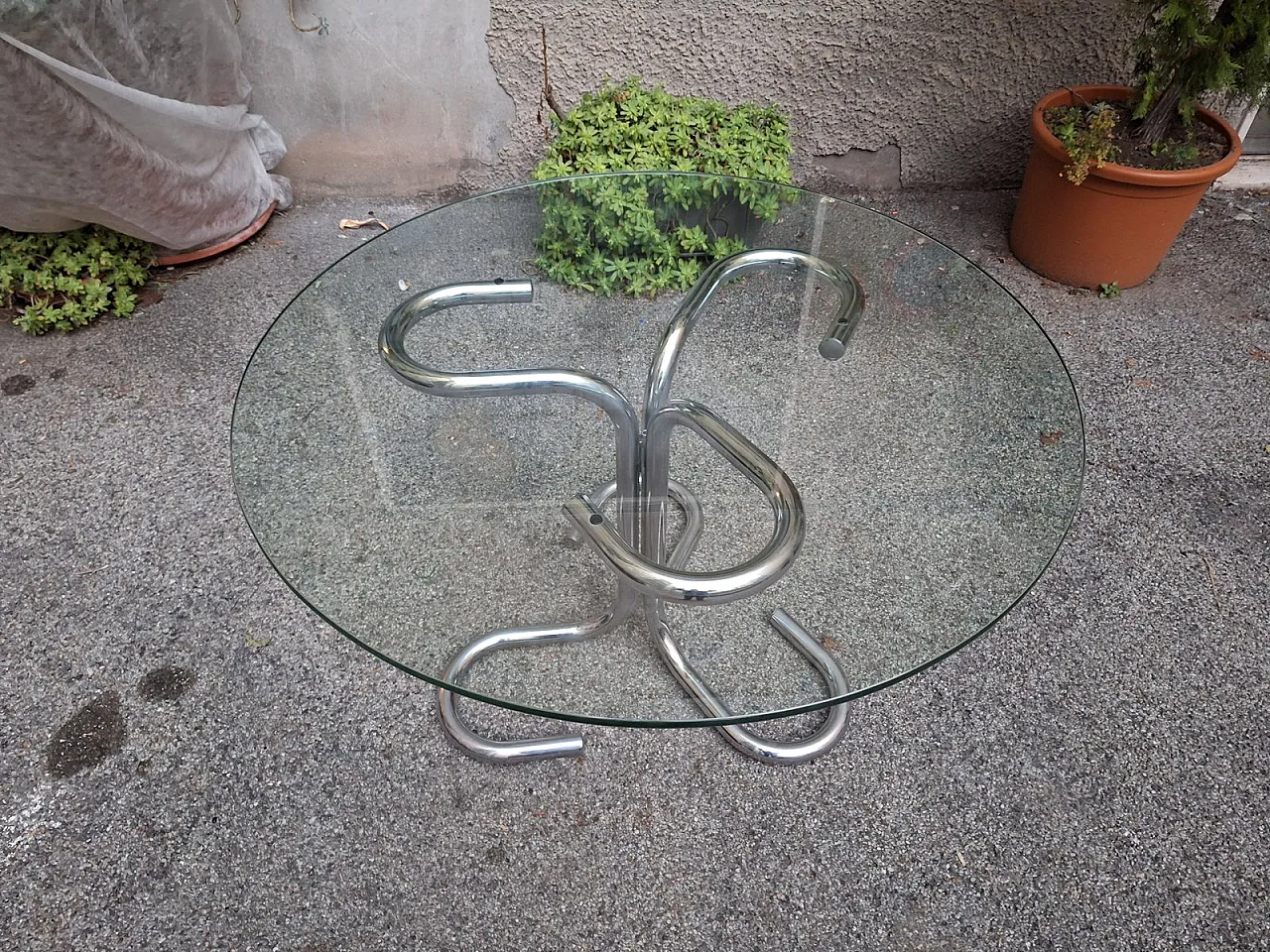 Round Dining Table Cobra Model with Chrome Tubing & Round Glass Top by Giotto Stoppino, 1970s 6