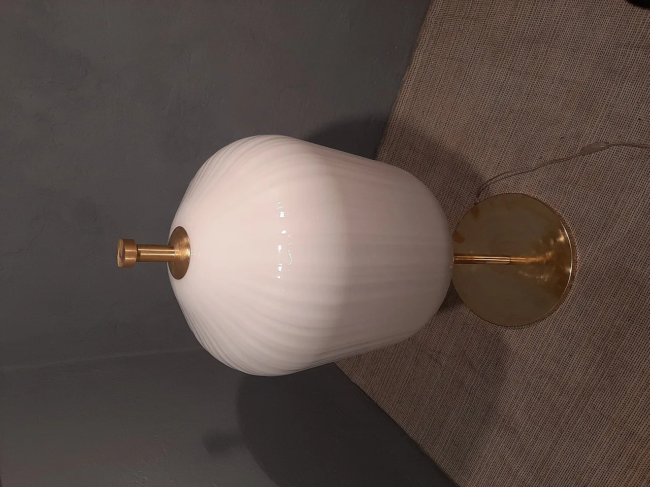 Satin-finished brass and ribbed milky glass lamp, 2000s 1