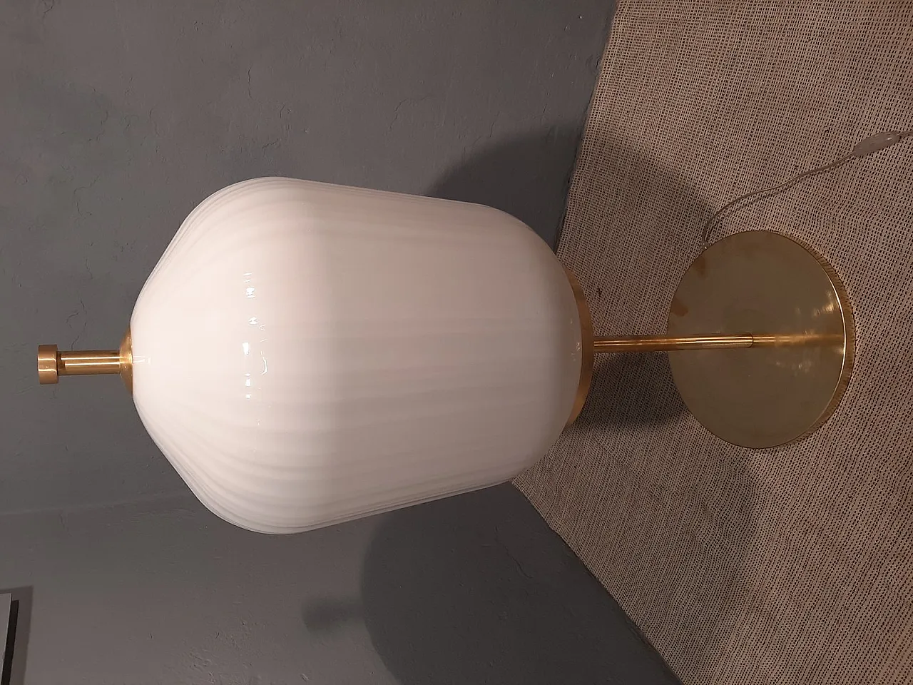 Satin-finished brass and ribbed milky glass lamp, 2000s 3