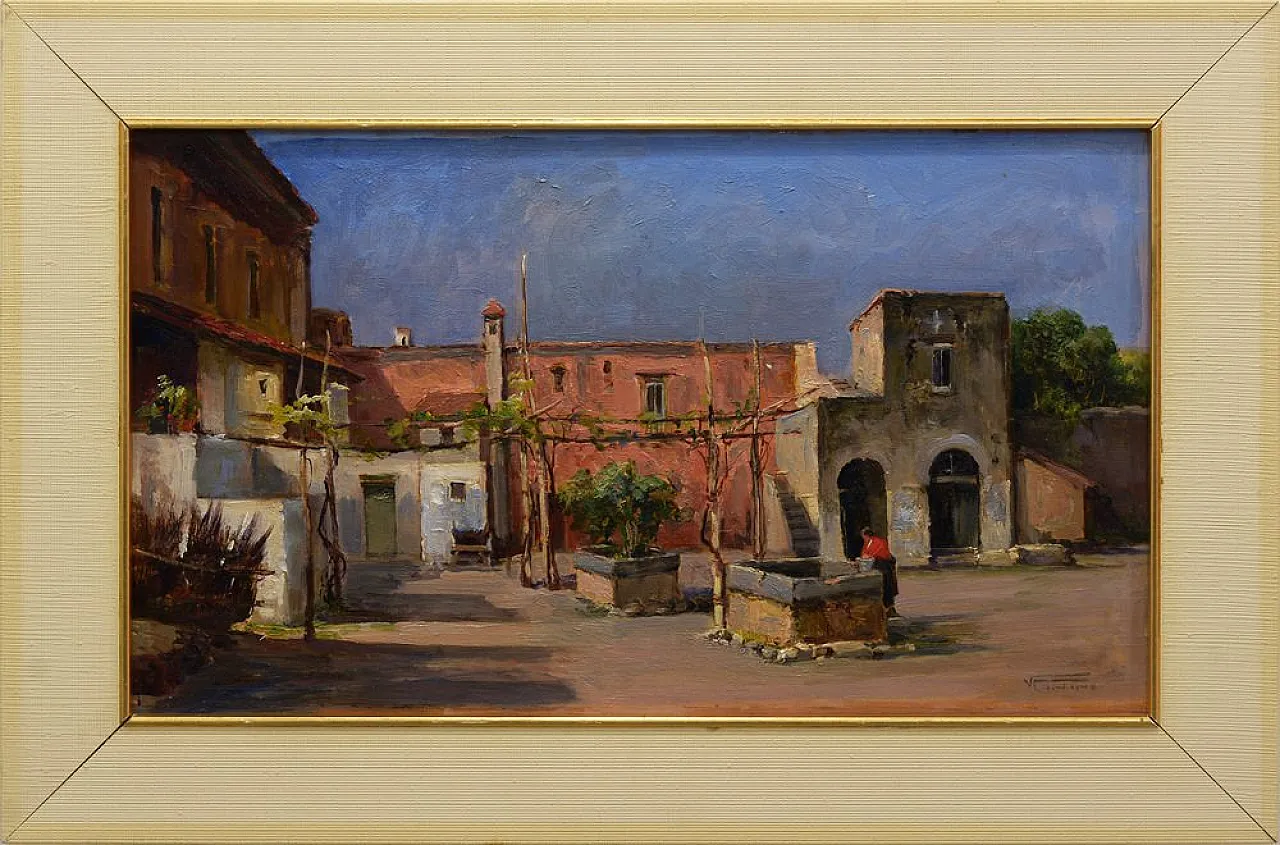 Italian Courtyard by Vincenzo Canino, oil on panel, 1950s 2