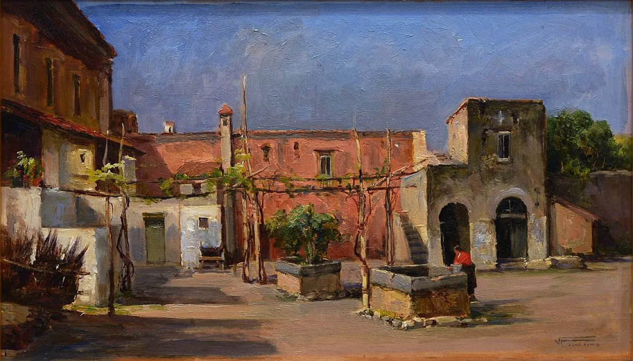 Italian Courtyard by Vincenzo Canino, oil on panel, 1950s 3