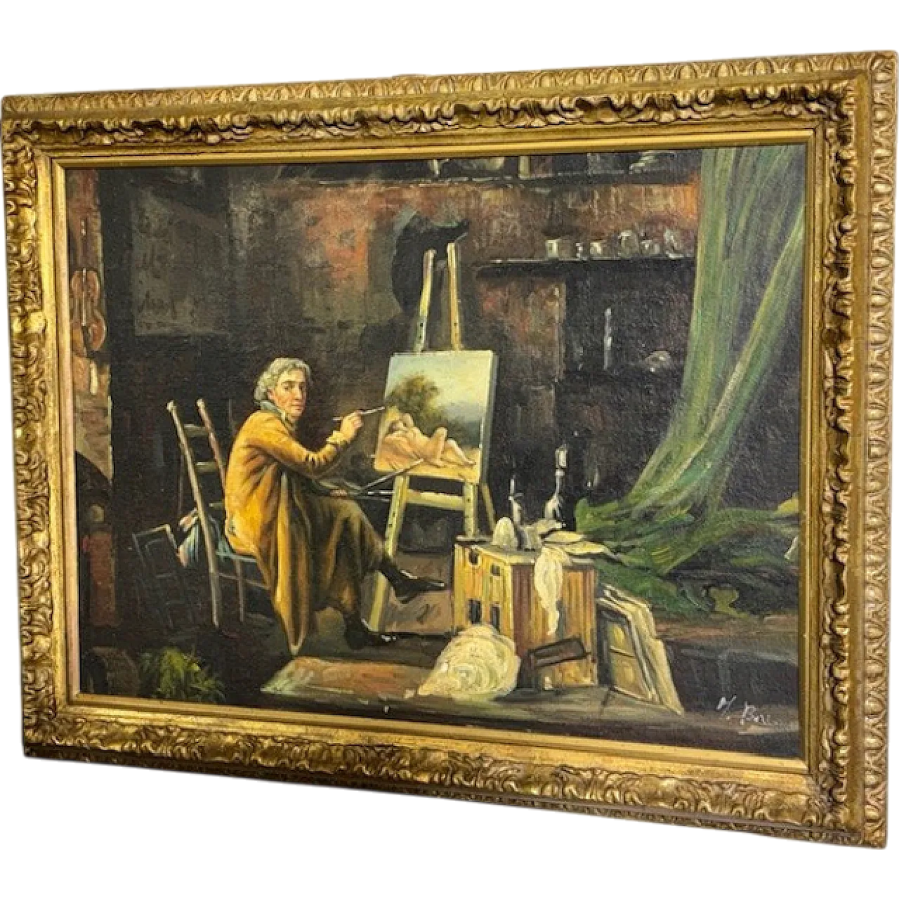 Dipinto olio su tavola Atelier d artista, 1850 11