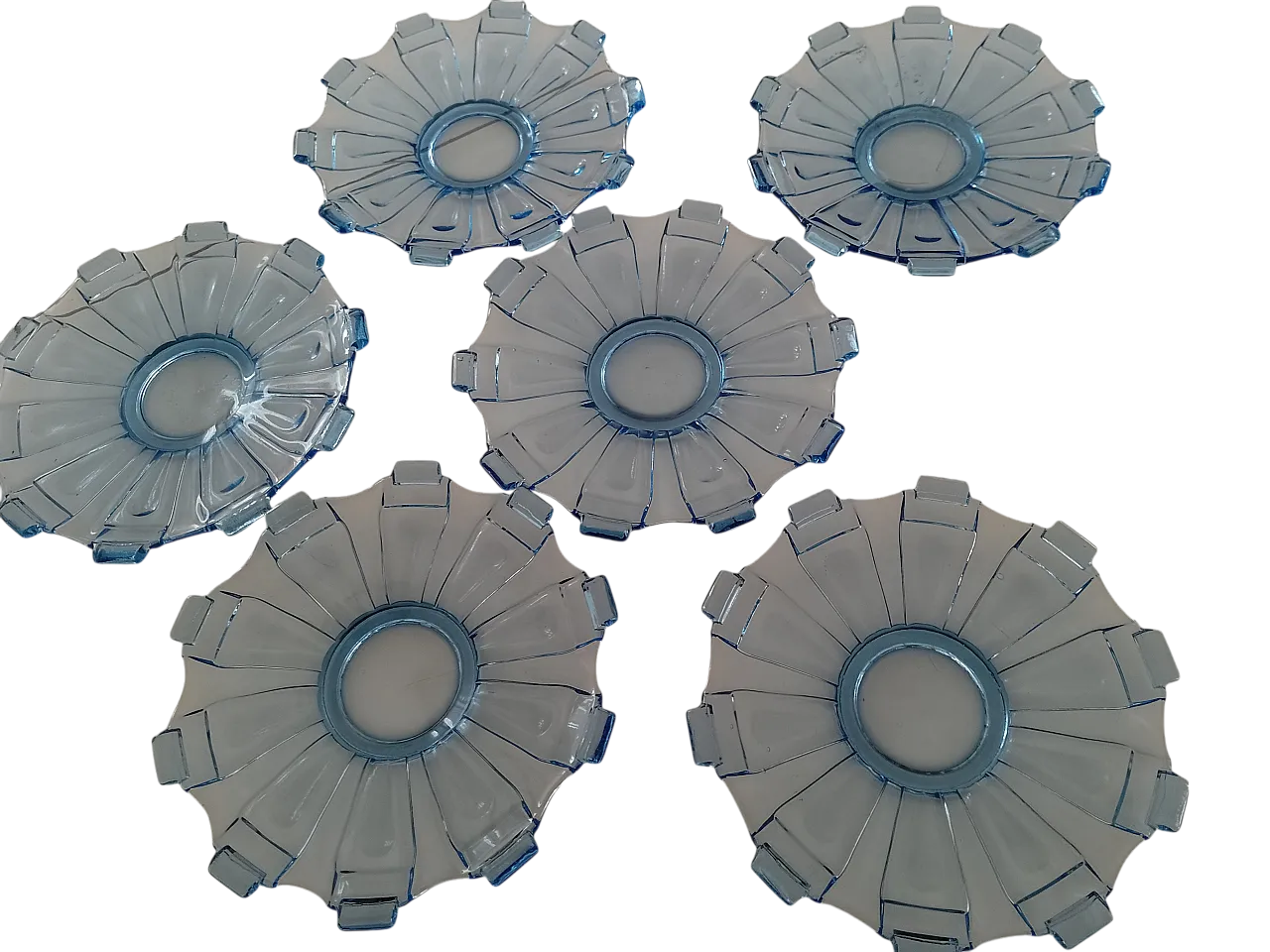 6 Decò Czec blue glass dessert plates, 1970s 6