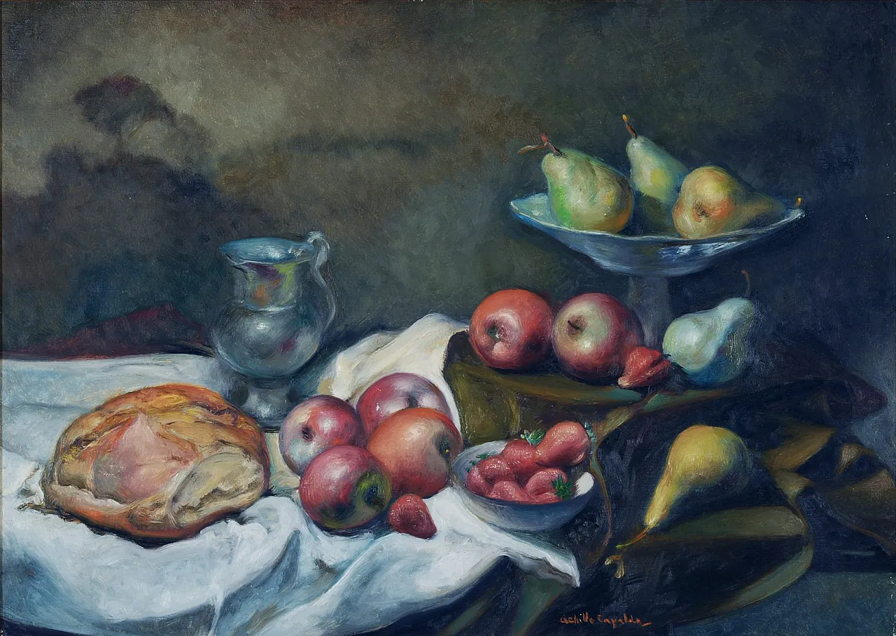 Still Life by Achille Capaldo, oil on canvas with frame, 1930s 2